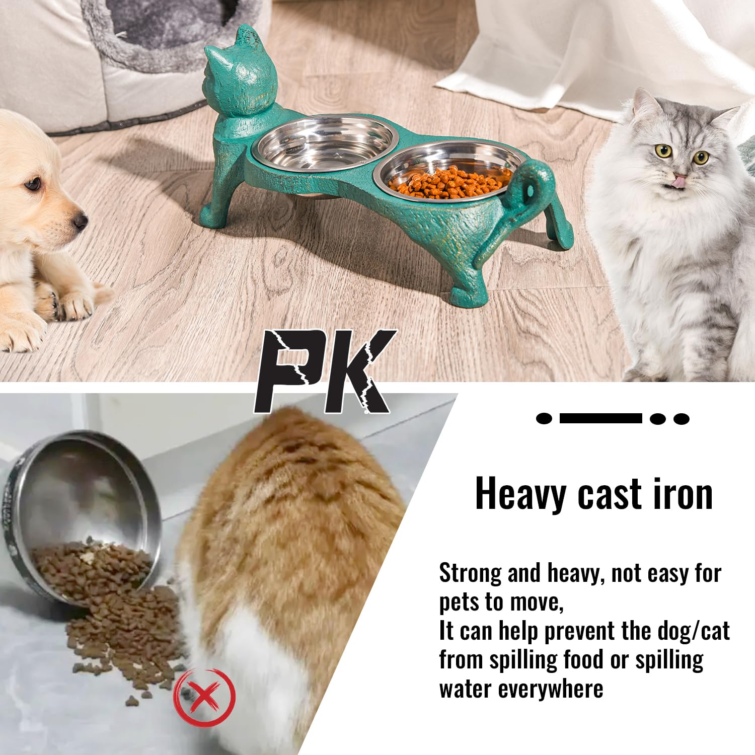 Sungmor Raised Cat Bowls - Heavy Duty Non-Slip Cast Iron Stand with 2 Stainless Steel Pet Food & Water Dishes - Elevated Feeder for Cats & Small Dogs - Perfect for Home, Kitchen, or Outdoor Use - 15.2x6.7x5.9 Inch