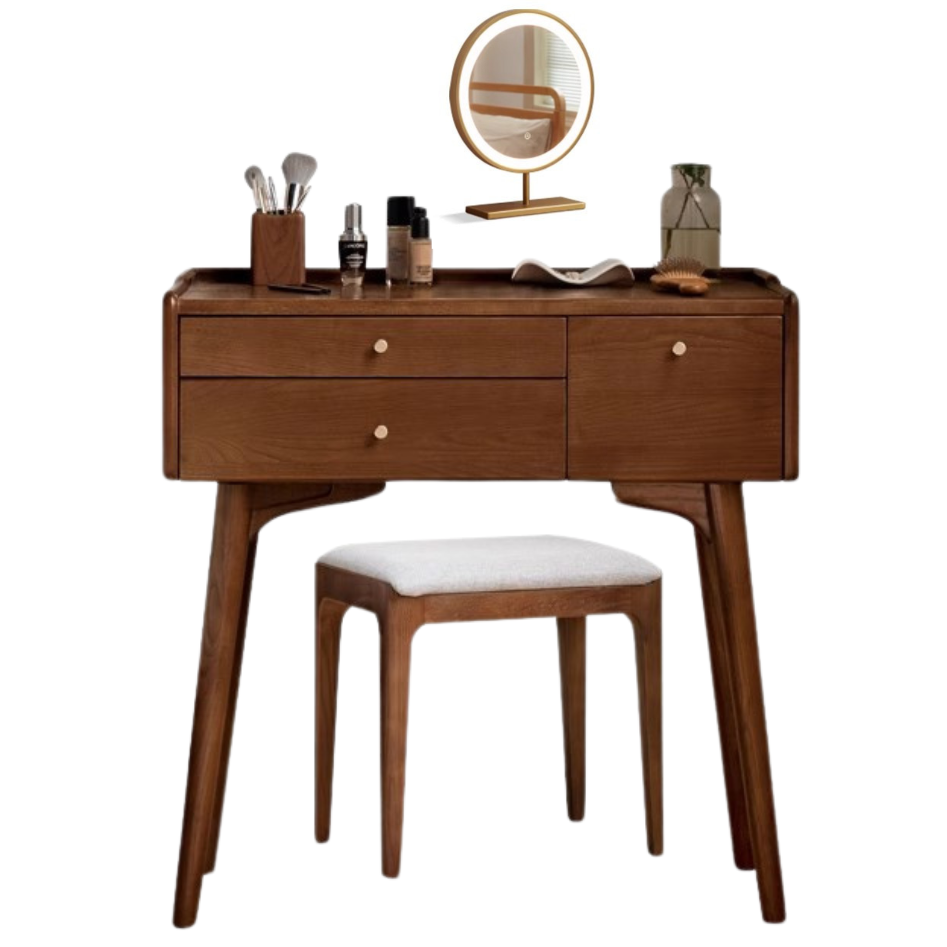 31.5x17.7x31.9 inch/ 80x45x81сm/ Walnut color/ Ash dressing table + makeup stool white + mirror with gold edge set