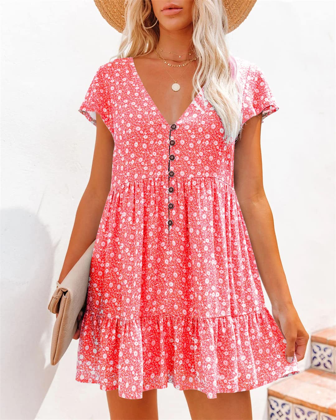 Women's Summer Dress - Button V Neck Short Sleeve Casual Ruffle Hem Flowy Swing Mini Dress for Beach, Vacation & Outdoor Activities