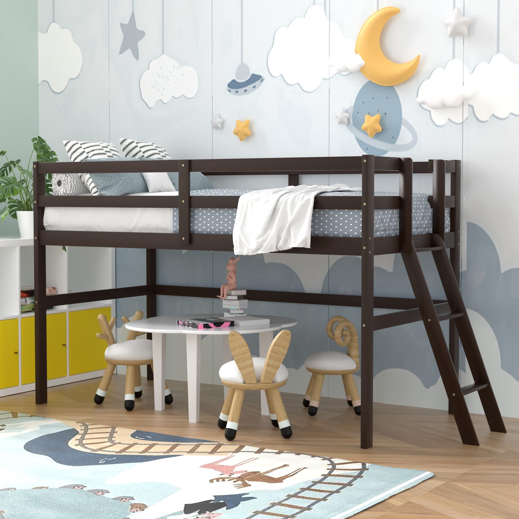 Solid Wood Twin Loft Bed for Kids - Low Height, Easy Assembly, No Box Spring Needed - Perfect for Small Bedrooms, Dorms & Space-Saving Kids Rooms (Espresso Finish)