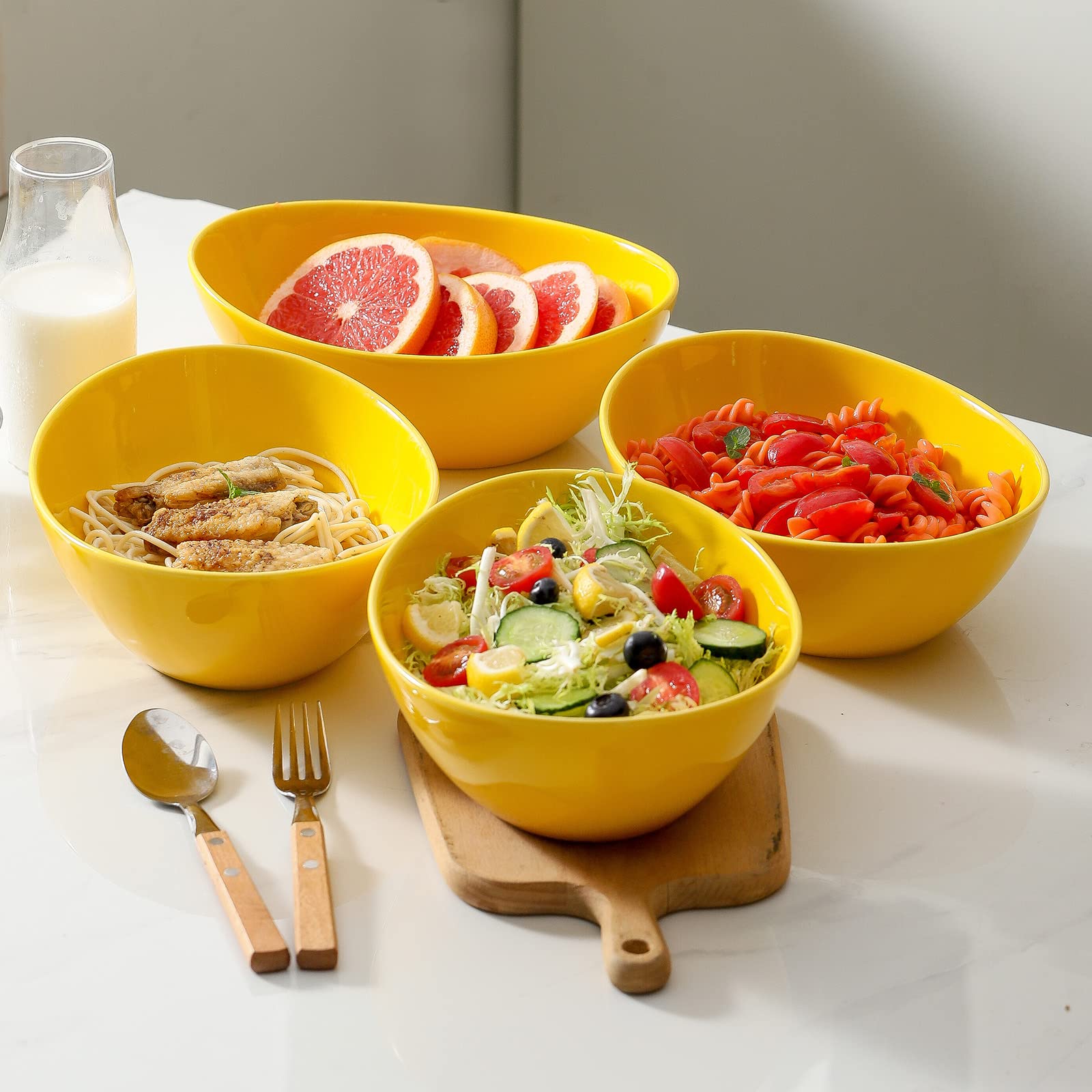 Hasense 42oz Ceramic Serving Bowls Set of 4 - Large Oval Pasta & Salad Mixing Bowls for Soup, Popcorn, Side Dishes - Durable Entertaining Dishes for Parties, Family Dinners & Kitchen Use (Yellow)