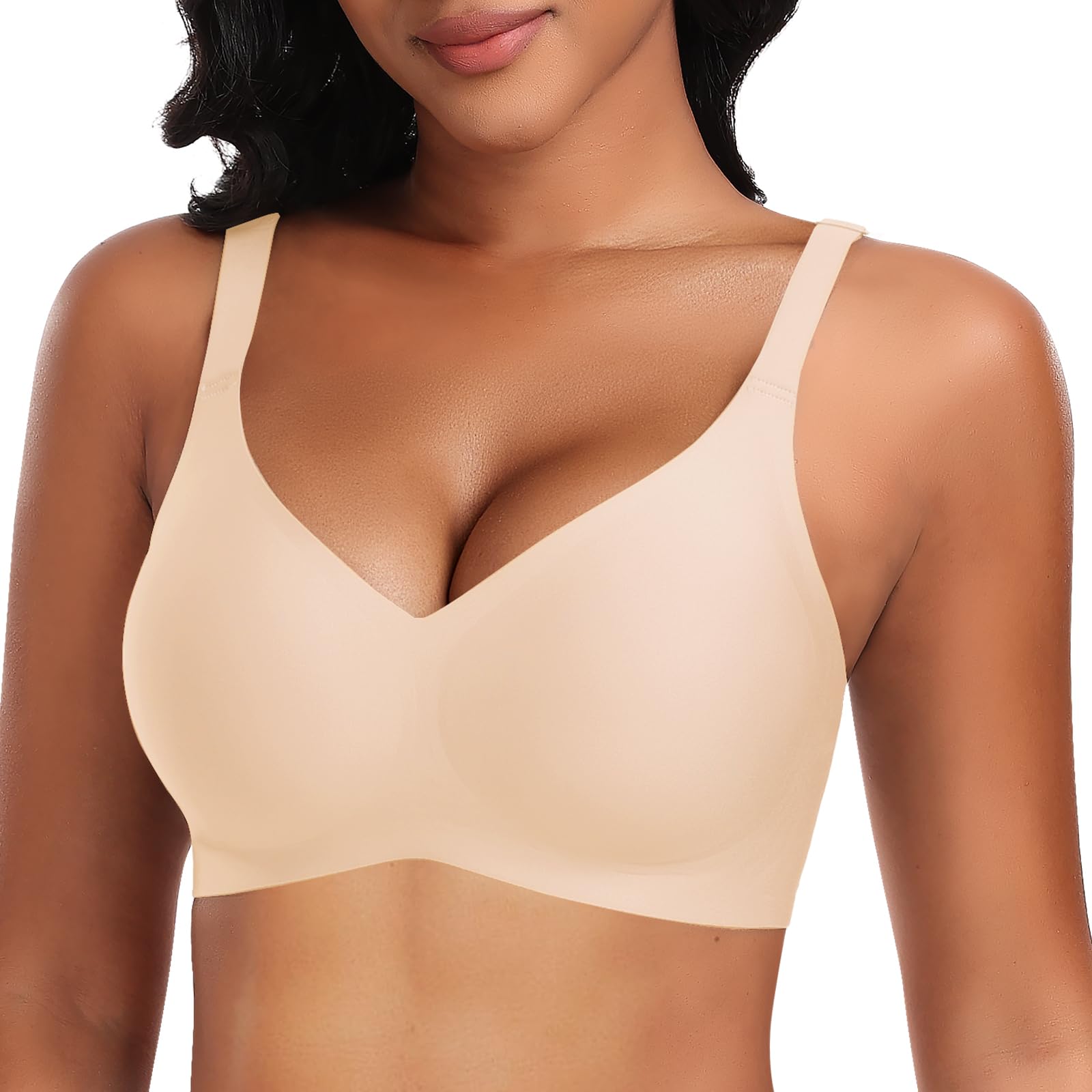 DOCUMO Wireless Push Up Bras for Women - No Underwire Seamless Support Bralette with Lift, Comfortable V Neck Design + Free Bra Extender - Perfect for Everyday Wear, Yoga & Lounge
