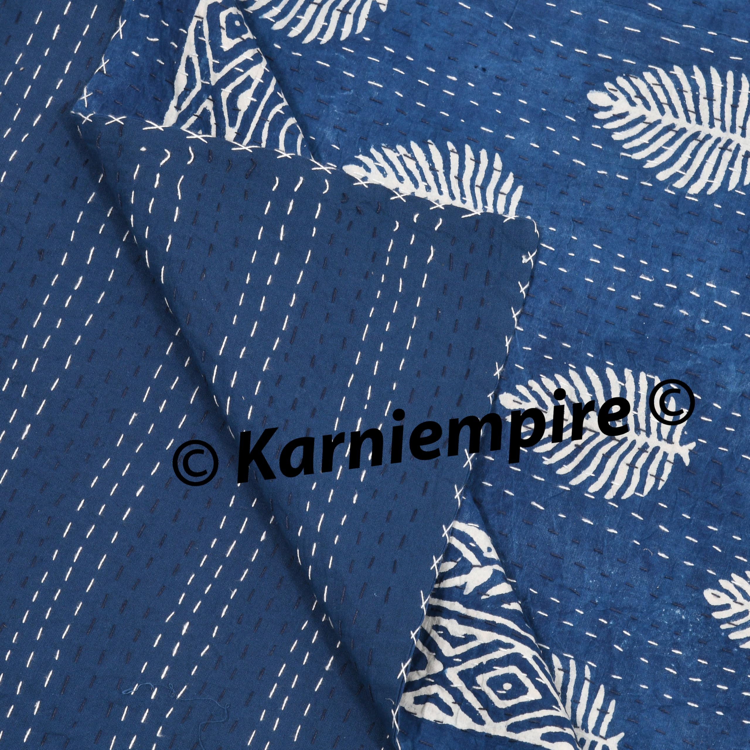 Handmade Indian Kantha Quilt - Reversible Bohemian Bedspread, Throw Blanket & Comforter in Leaf-Indigo Print (Twin/Queen/King/Super King 108