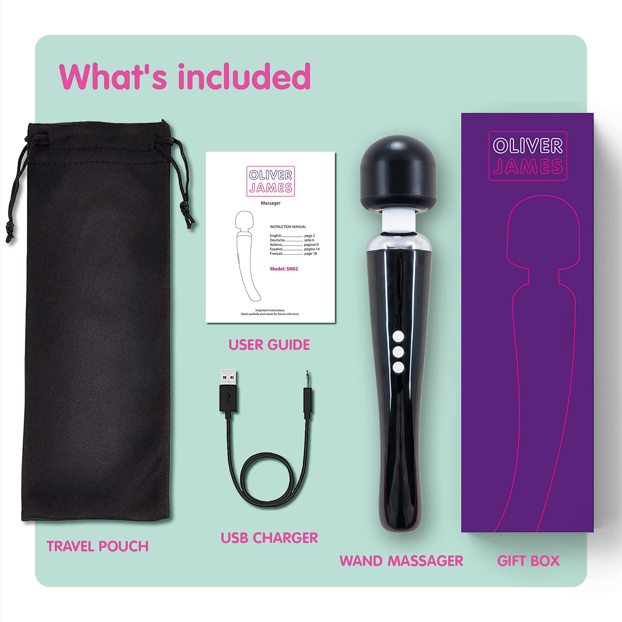 Oliver James Powerful Wand Massager - 20 Vibration Modes & 8 Speeds, Waterproof Wireless G-Spot Vibrator for Women, Clitoral Stimulator Adult Toy (Large, Black) - Perfect for Couples Play, Solo Pleasure & Sensual Massage