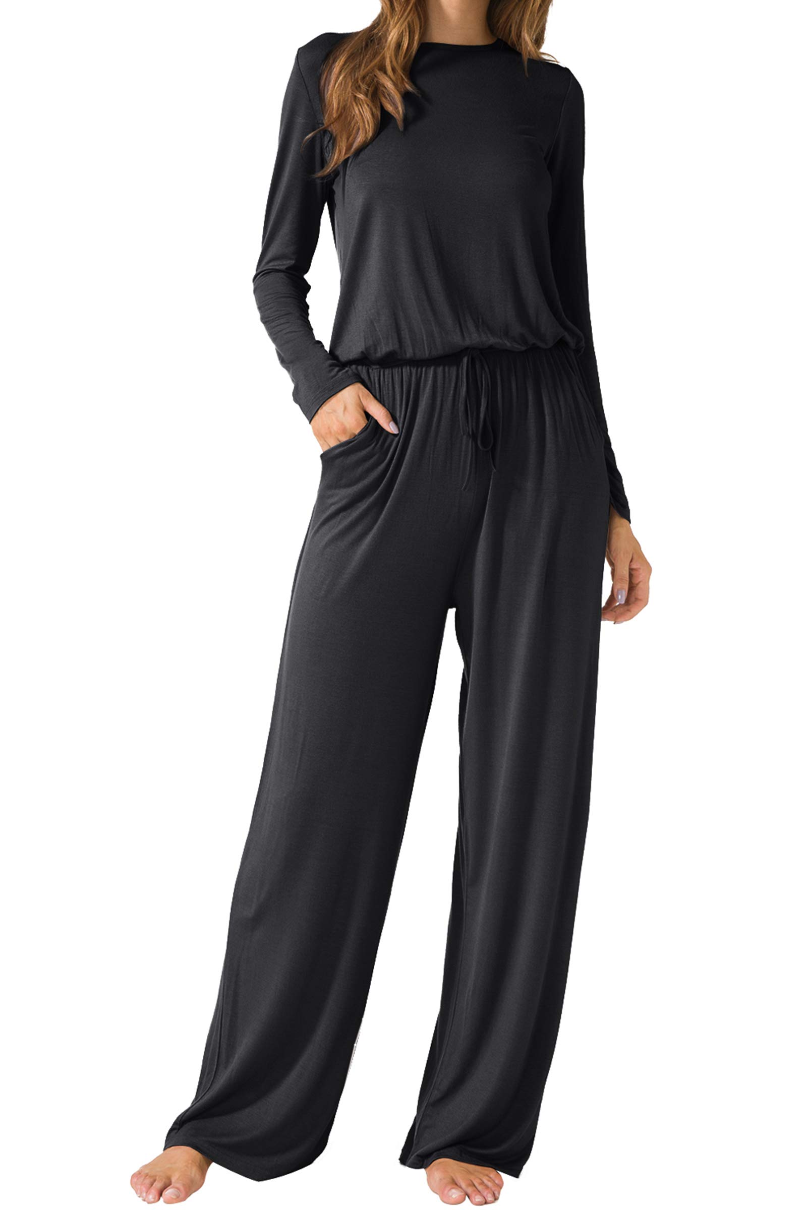 LAINAB Women's Casual Jumpsuit - O Neck Long Sleeve Loose Fit Wide Leg Romper with Pockets | Perfect for Everyday Wear, Office Outfits & Weekend Outings