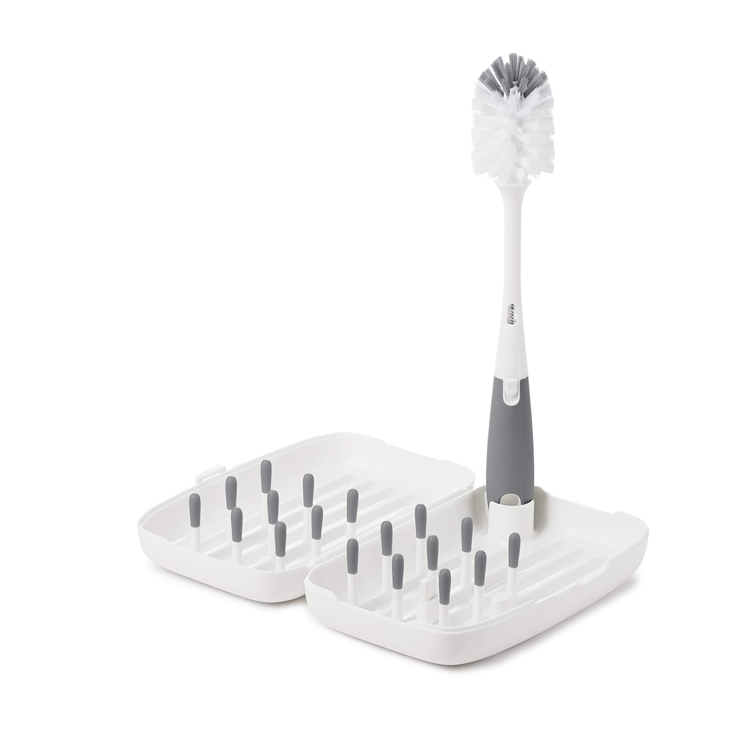 OXO Tot Travel Size Baby Bottle Drying Rack with Cleaning Brush - Compact Gray Drying Stand for Breast Pump Parts & Baby Bottles | Perfect for Travel, Daycare & Home Use