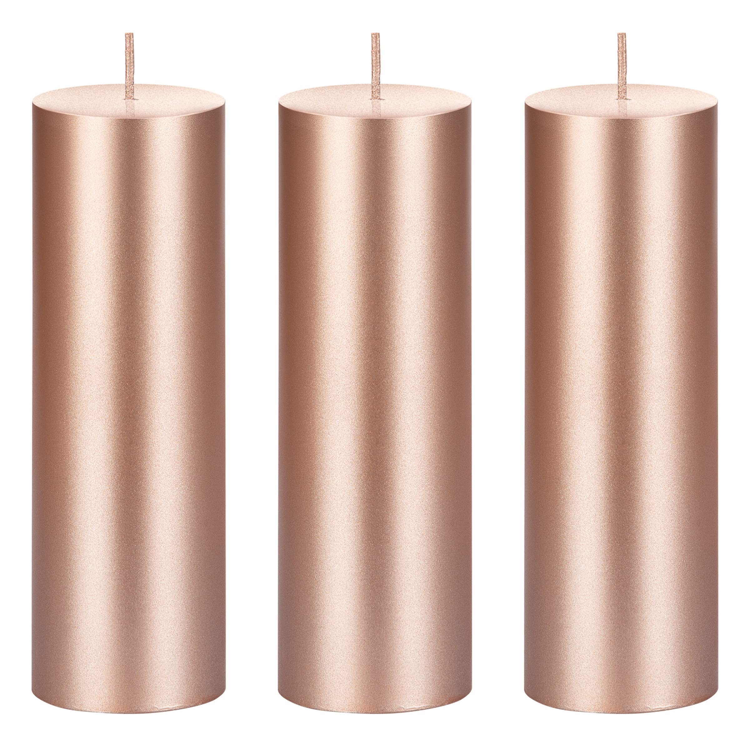 Premium Unscented Rose Gold Pillar Candles Set of 3 - 2x6 Inch Hand-Poured Solid Wax Candles for Home Decor, Weddings, Spa Relaxation, Holiday Centerpieces & Prayer Vigils - Elegant Table Decor for Parties & Special Occasions