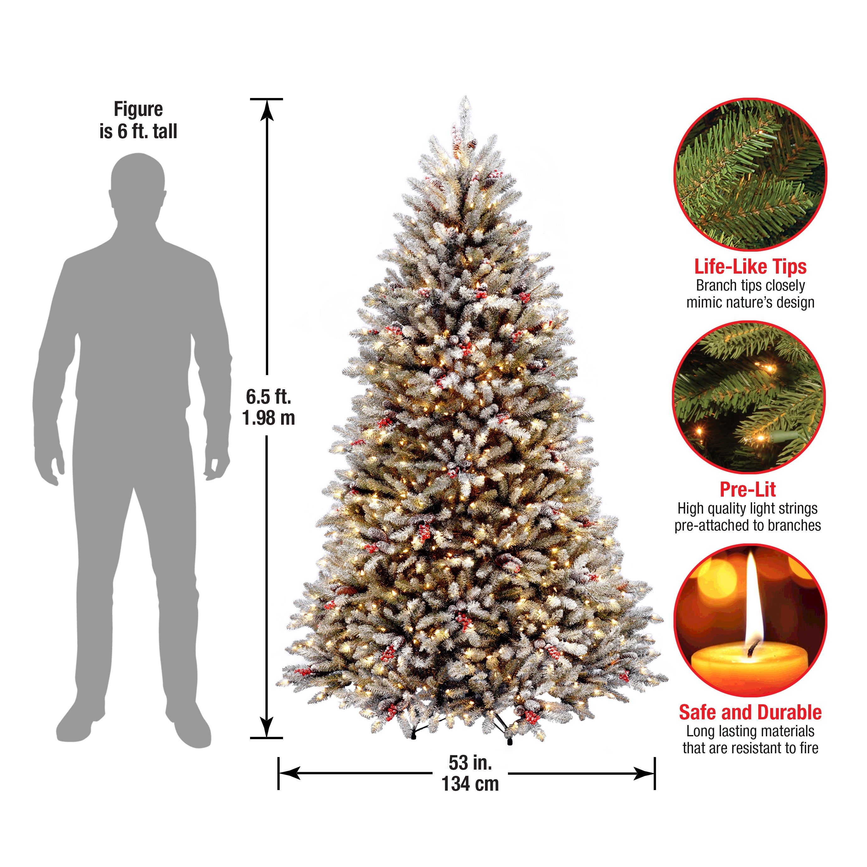 6.5 ft Pre-Lit Dunhill Fir Artificial Christmas Tree with 500 Clear LED Lights - Perfect for Holiday Home Decor, Office, and Party Festive Atmosphere