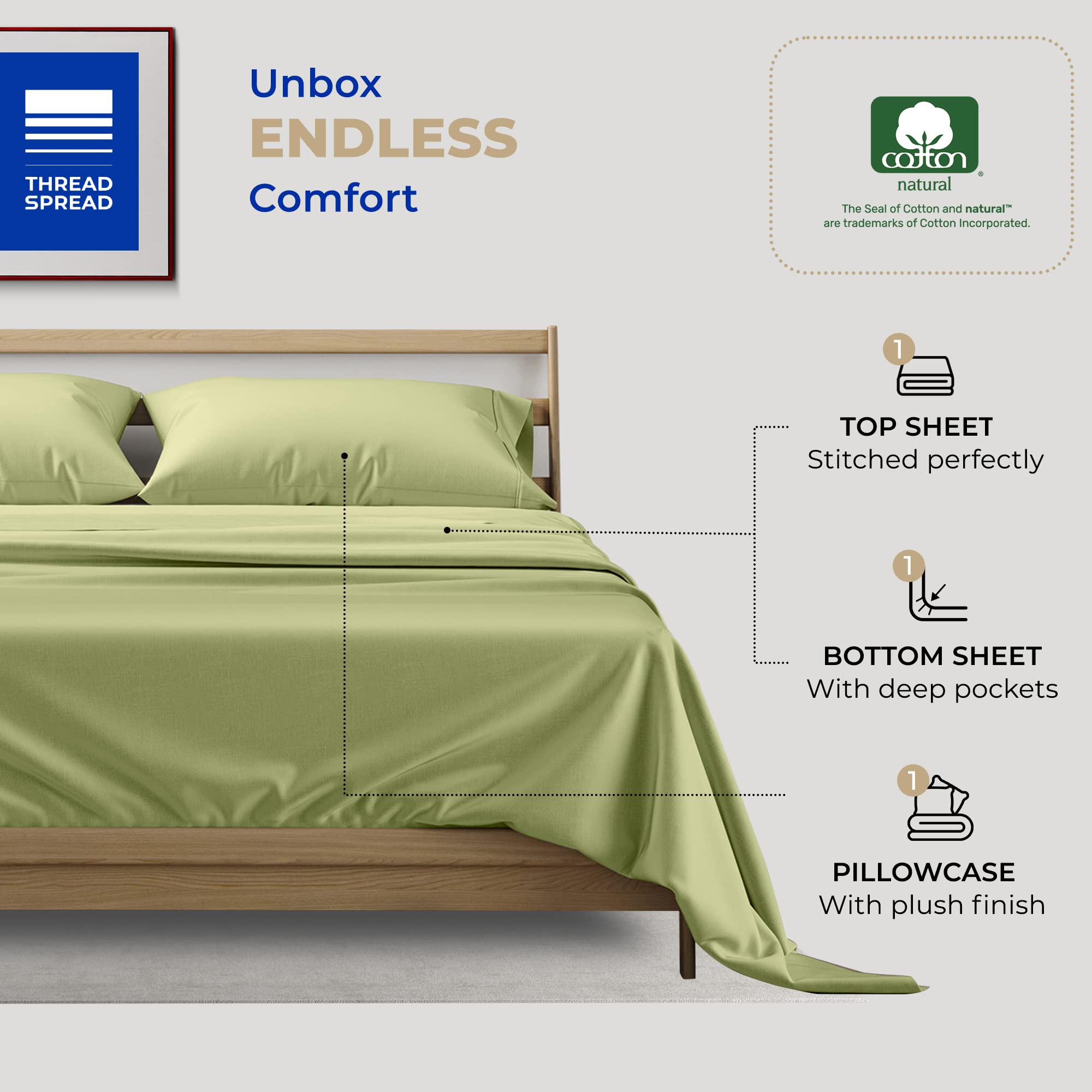 THREAD SPREAD Twin XL Sheet Set - 400 Thread Count 100% Cotton Cooling Sateen Sheets, 3-Piece Luxury Twin XL Bedding for Dorm Room & Guest Bed (Sage Green) | Ultra Soft Breathable Long Staple Cotton for Year-Round Comfort