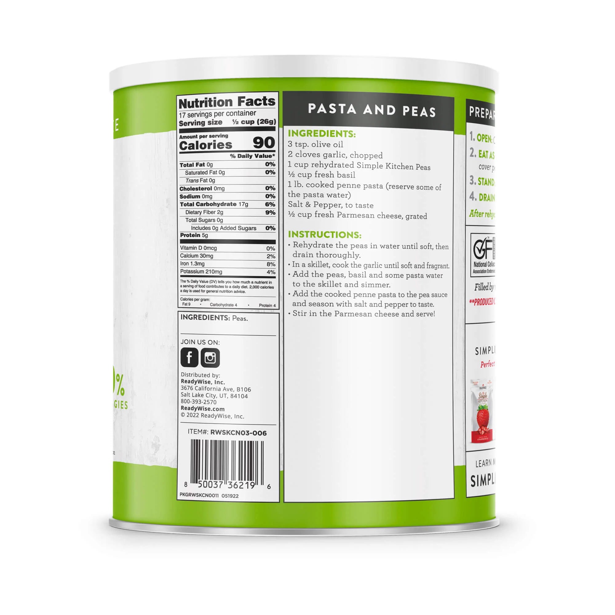 ReadyWise Simple Kitchen Freeze Dried Peas - 17 Servings Can | Emergency Food Storage, Camping & Survival Supplies | Long Shelf Life Pantry Essentials