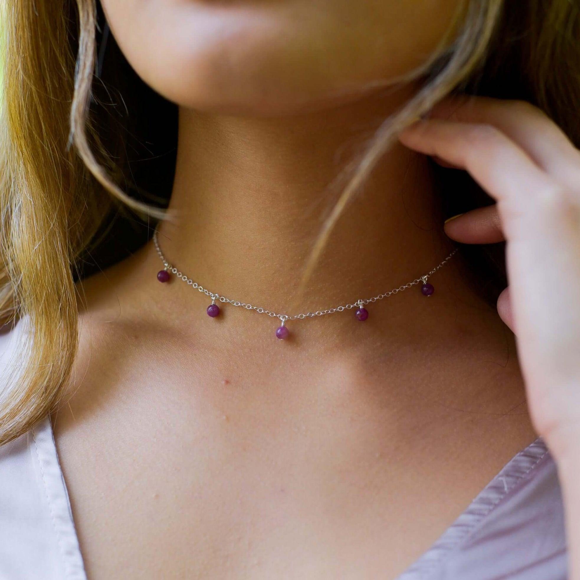 Elegant Ruby Bead Drop Choker Necklace - Dainty Adjustable Chain for Women | Perfect for Evening Parties, Weddings & Date Nights