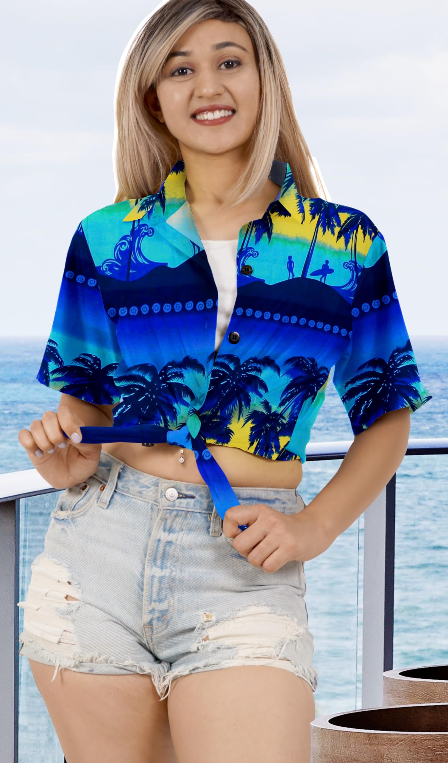 LA LEELA Women's Hawaiian Shirt - Short Sleeve Beach Blouse for Summer Vacation, Tropical Party & Casual Outfit | Lightweight Floral Print Top for Women