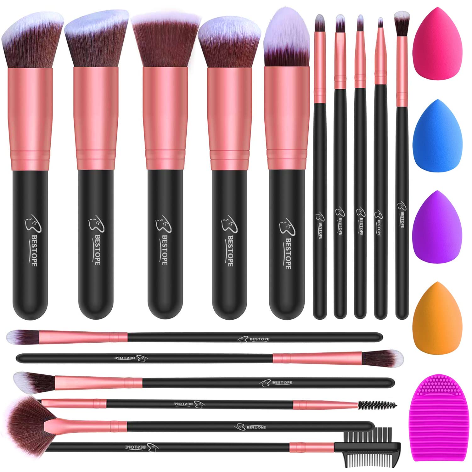BESTOPE PRO 16-Piece Makeup Brush Set with 4 Beauty Blender Sponges & Brush Cleaner - Premium Synthetic Foundation, Powder & Eyeshadow Brushes Kit in Rose Gold - Perfect for Professional Makeup Artists & Beginners for Flawless Face & Eye Application