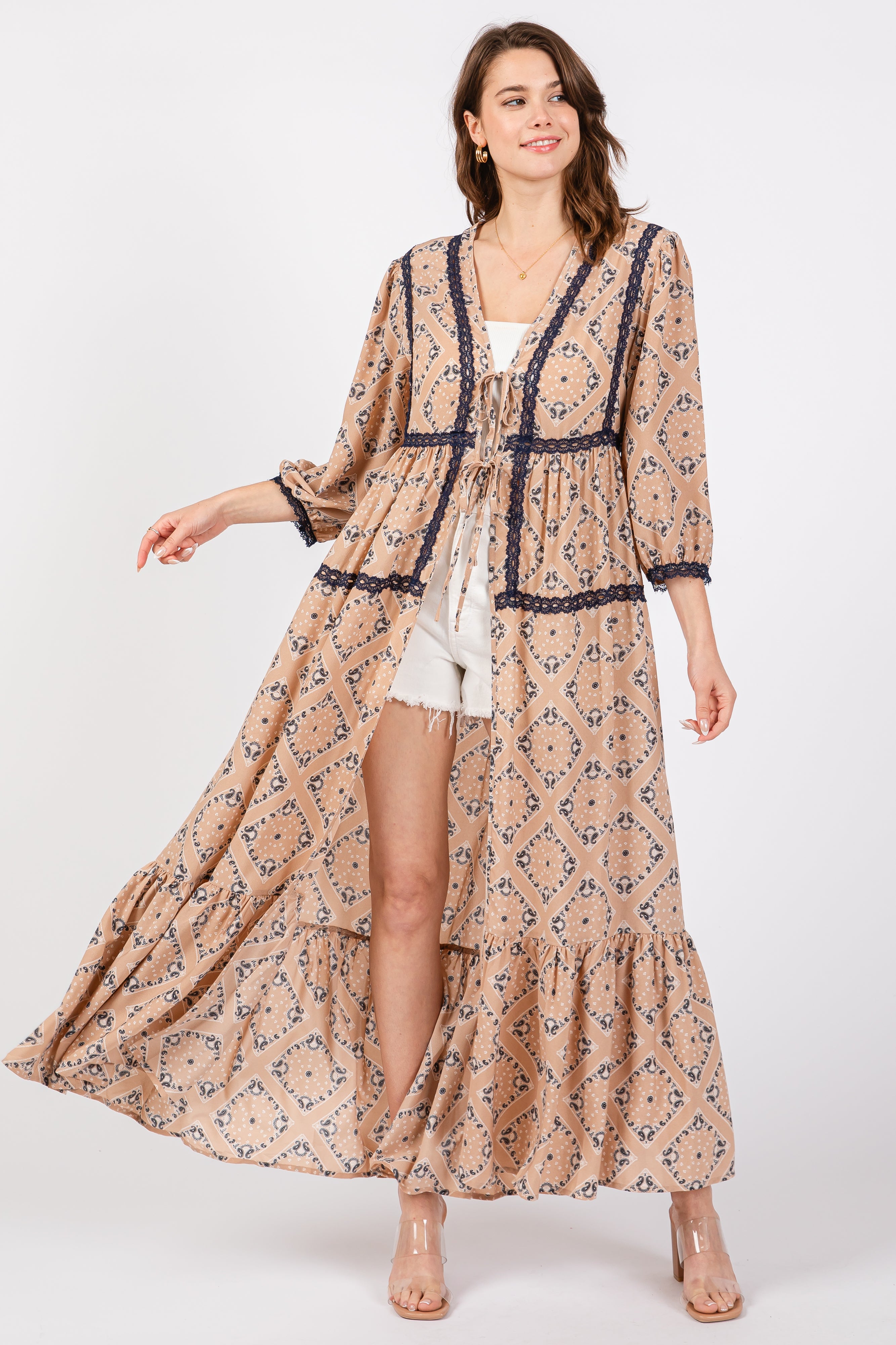 Beige Printed Tie Front Kimono Maternity Dress - Flowy Pregnancy Outfit for Women | Perfect for Baby Showers, Maternity Photos & Summer Vacations