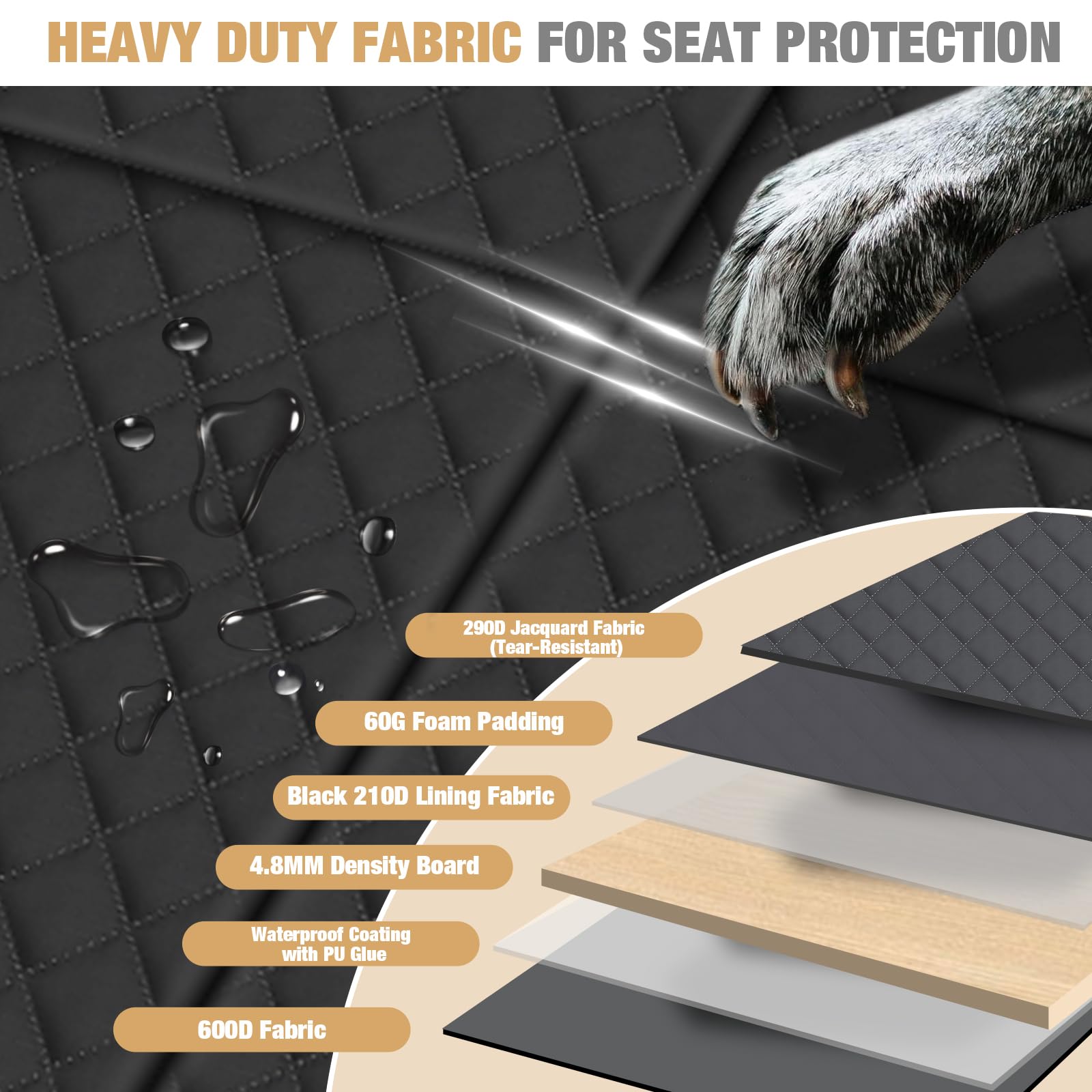 Lekespring Dog Car Seat Cover - Heavy Duty Back Seat Extender & Hammock for Large Dogs, SUV, Truck - Non-Slip Waterproof Pet Car Bed Protector (Black) | Perfect for Road Trips, Vet Visits & Outdoor Adventures