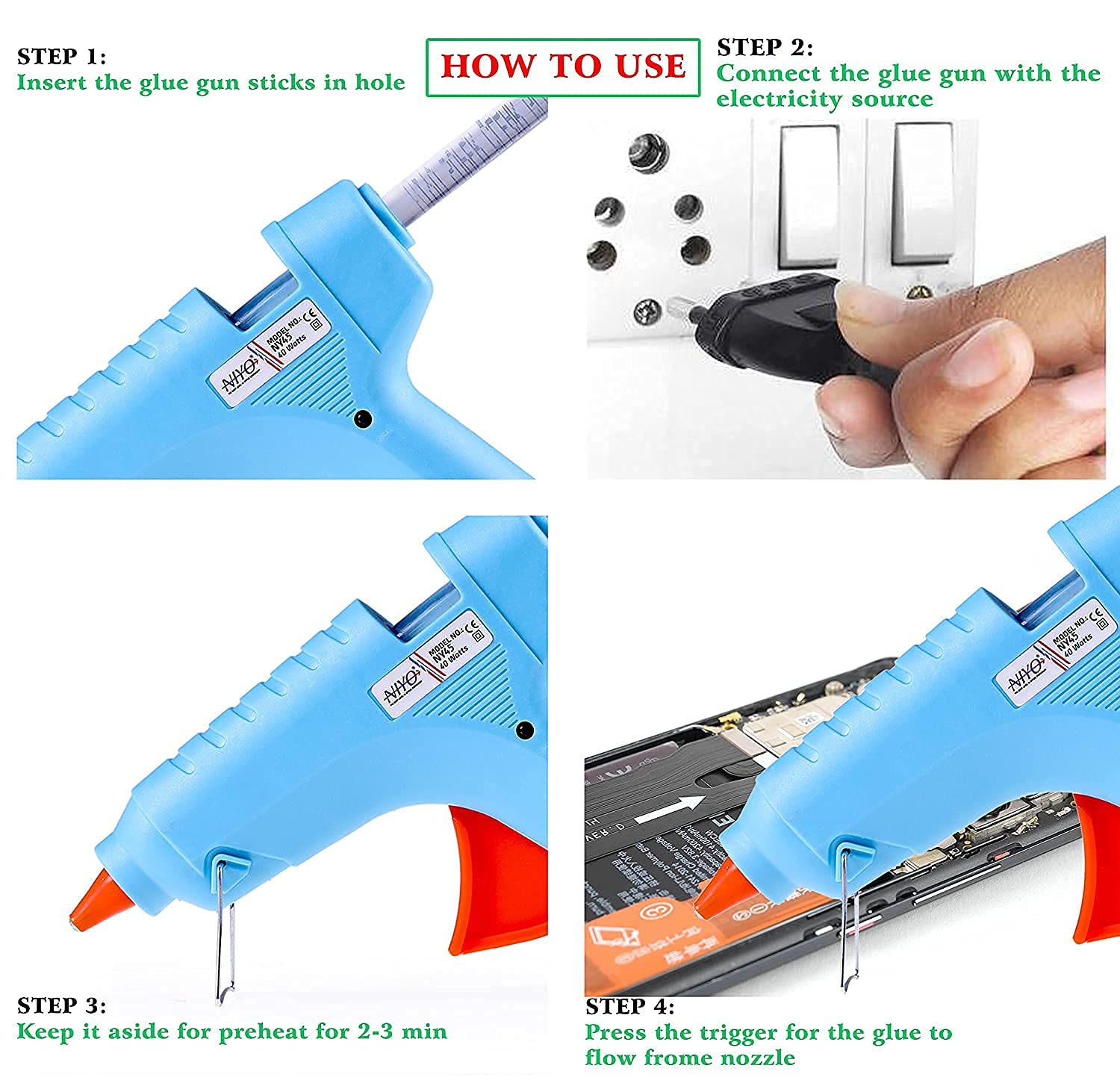 AMKAY Electric Glue Gun with LED Indicator - High Temperature Glue Gun Kit for DIY Crafts, Woodworking, Home Repairs - Includes 3 Free Glue Sticks (Perfect for Scrapbooking, Jewelry Making & Household Fixes)