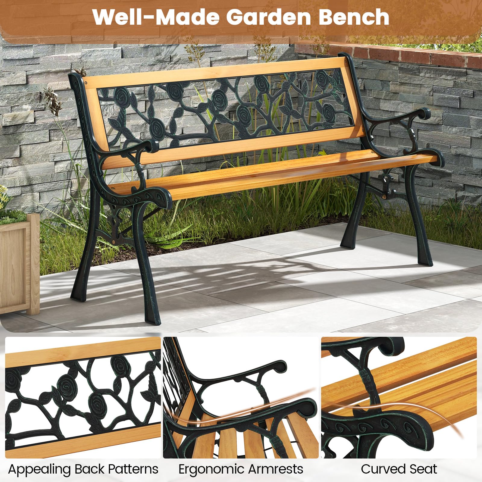 Tangkula Outdoor Garden Bench - Heavy Duty Cast Iron & Hardwood Park Bench for Patio, Porch, Backyard, Deck, Lawn, Poolside - Weather Resistant Loveseat for Relaxing in Gardens, Parks or Outdoor Spaces
