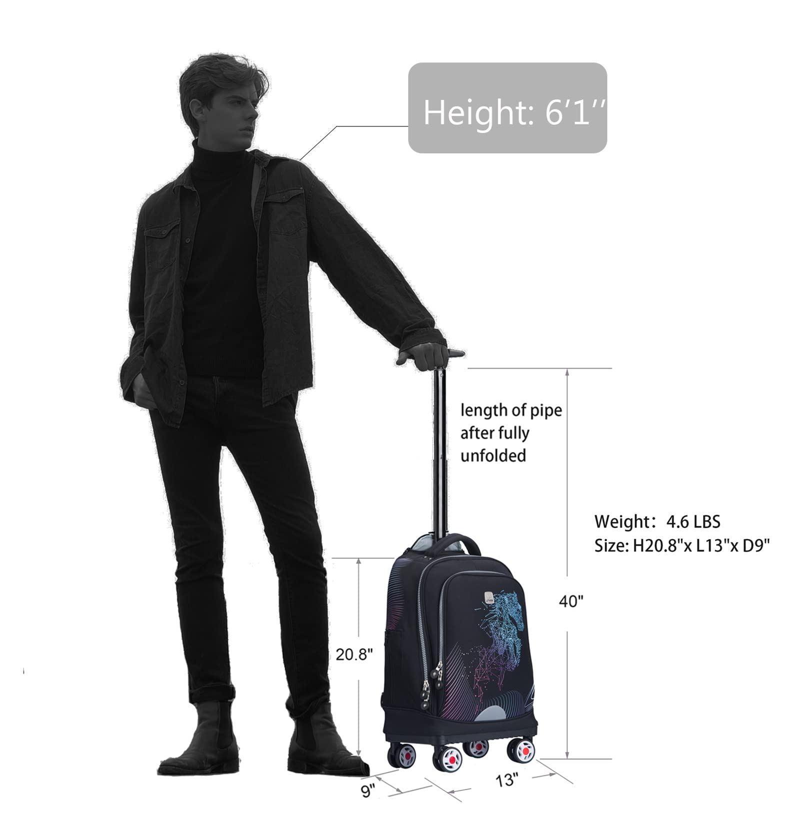 UNIKER Rolling Backpack with Wheels - Travel Laptop Backpack for Women & Men, 15.6 Inch Wheeled Carry-On Backpack for Business, School, Airplane & Commuting