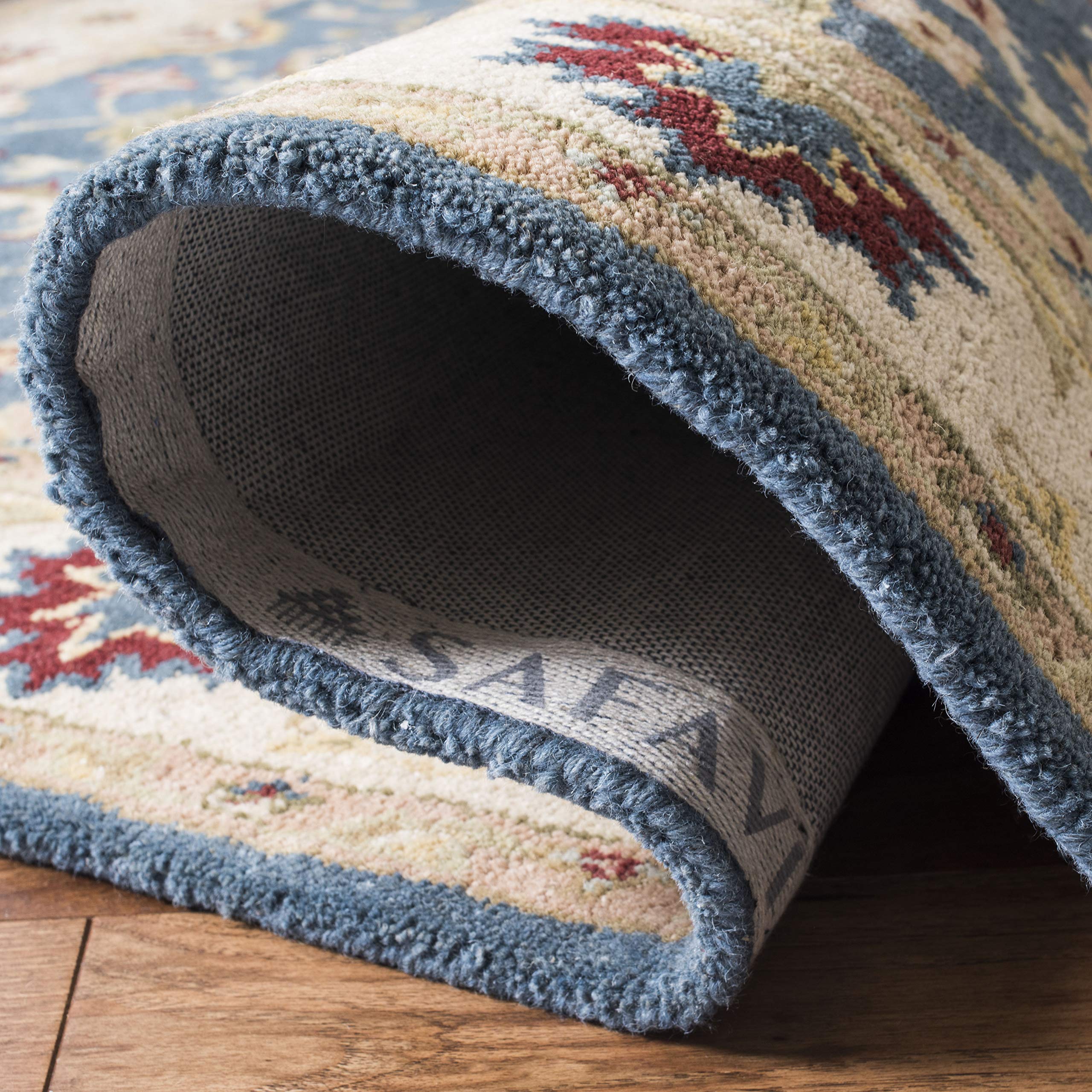 SAFAVIEH Antiquity Collection 8' Round Blue Beige Oriental Wool Area Rug - Handmade Traditional Premium Rug for Living Room, Bedroom & Dining Room Decor