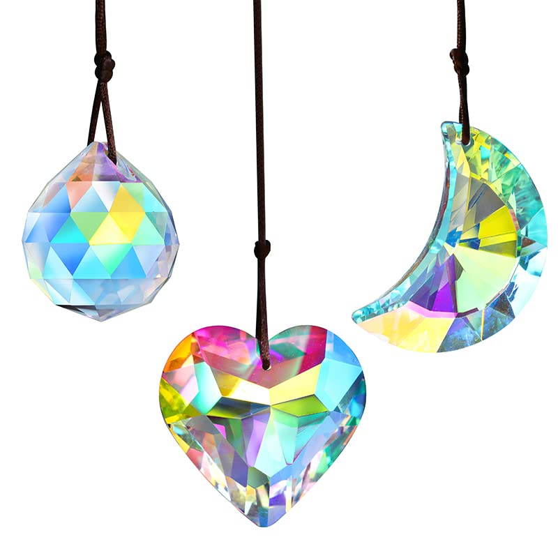 H&D HYALINE & DORA Crystal Prism Ball Rainbow Maker - Pack of 6 (3x2) Glass Sun Catchers with Moon & Heart Pendants for Window Decor, Room Decor, and Gift Giving - Create Beautiful Rainbows in Your Home