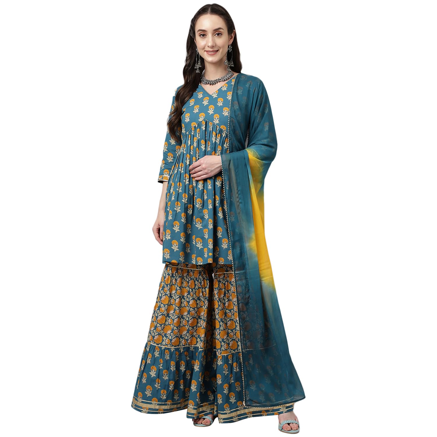 Women's Mor Peach Pure Cotton Flared Kurta Set with Sharara & Dupatta - Elegant Ethnic Outfit for Festivals, Weddings & Special Occasions