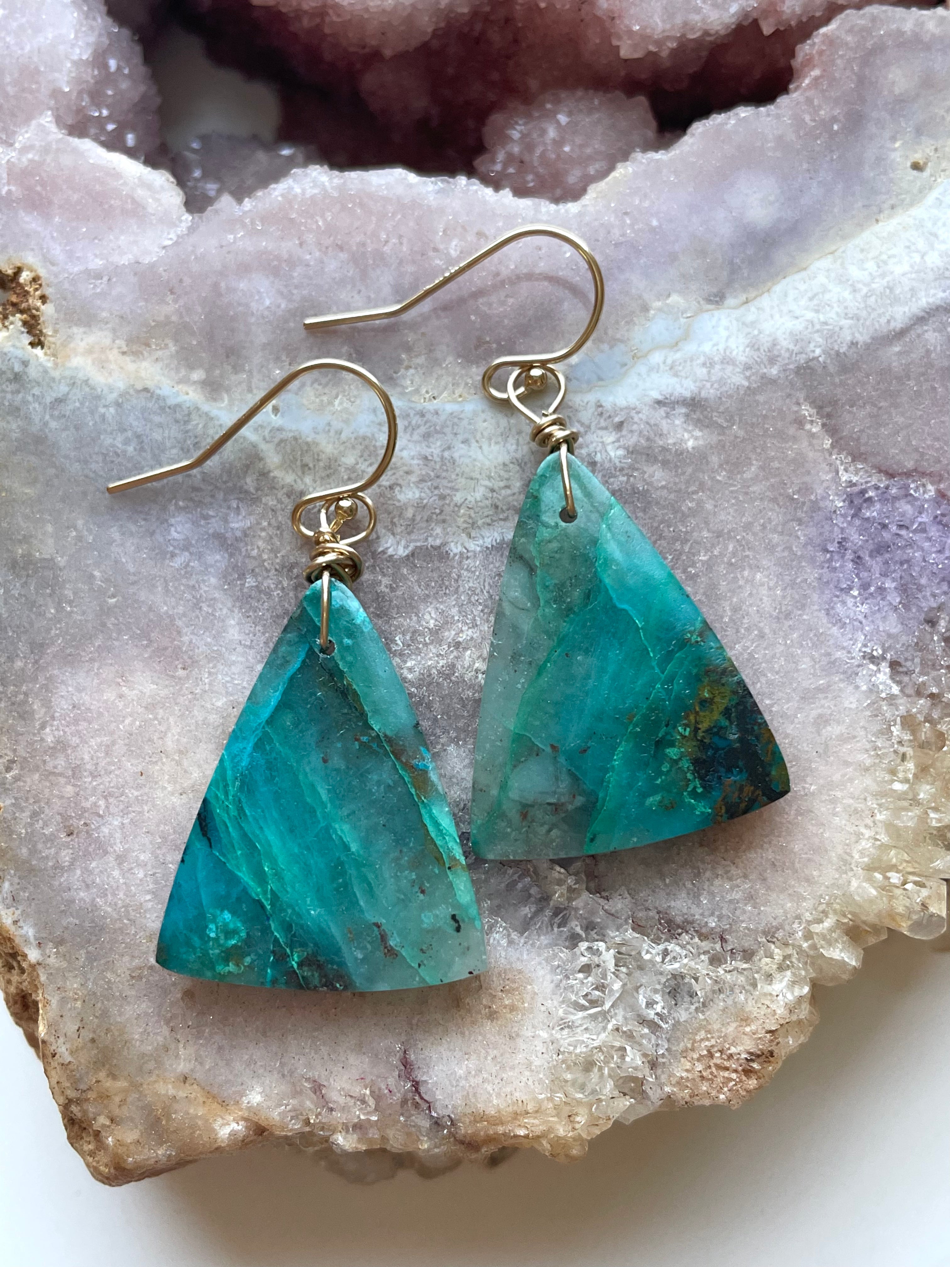 Large Chrysocolla Gold Filled Statement Crystal Gemstone Earrings for Women - Elegant Boho Jewelry for Parties, Weddings & Special Occasions