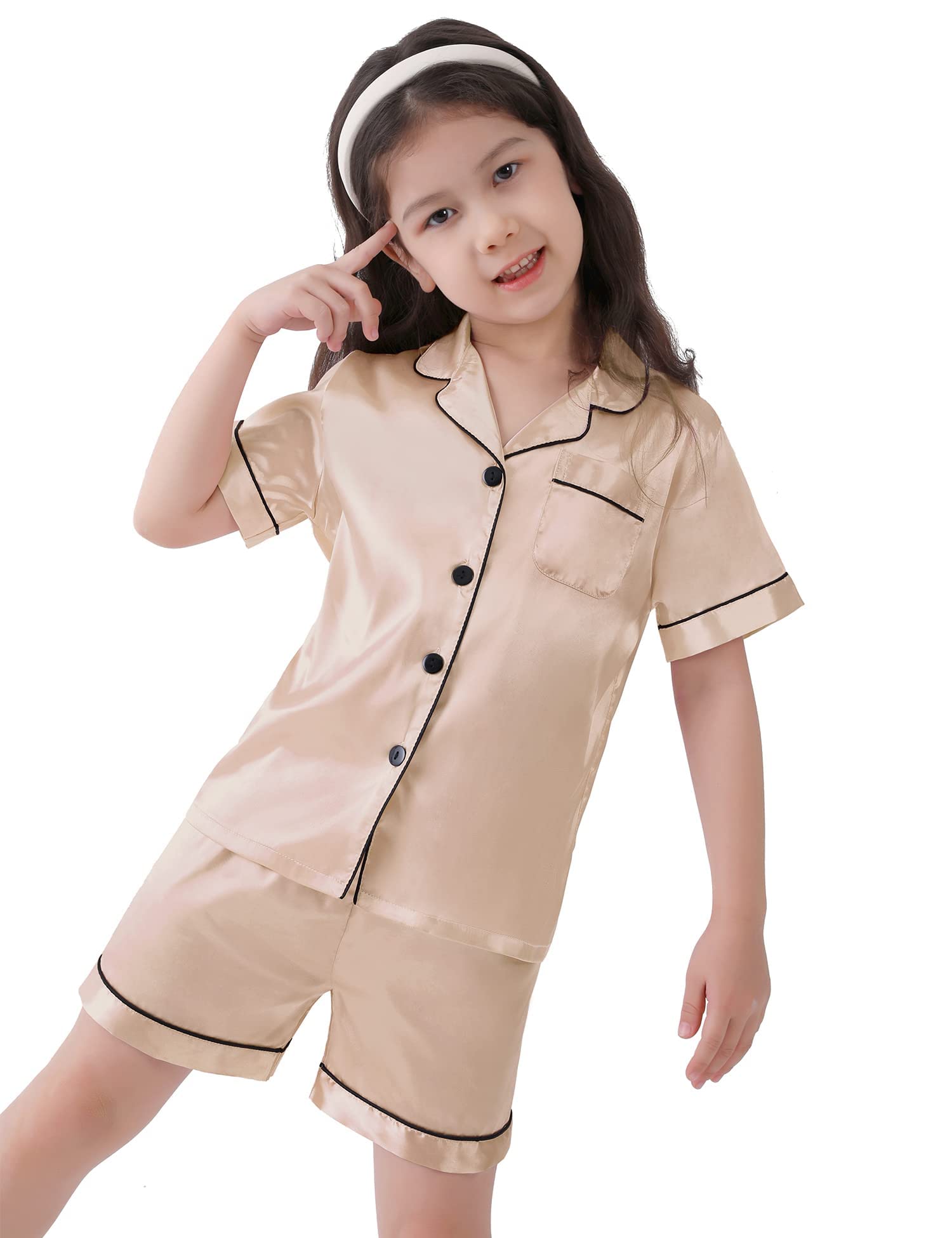 SWOMOG Kids Satin Pajama Set for Girls & Boys - Soft Button-Down Silk Pjs with Short Sleeves, 2-Piece Nightwear & Lounge Outfit - Perfect for Sleepovers, Bedtime & Relaxing at Home