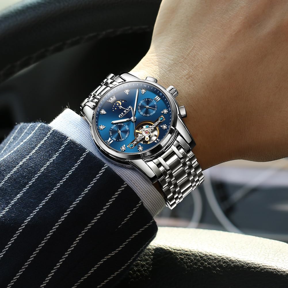 OLEVS Automatic Mechanical Men's Watch with Day, Date, Month & Year Display - Stainless Steel Fashion Watch in Green, Blue & Black Dials - Perfect for Business, Casual & Formal Occasions
