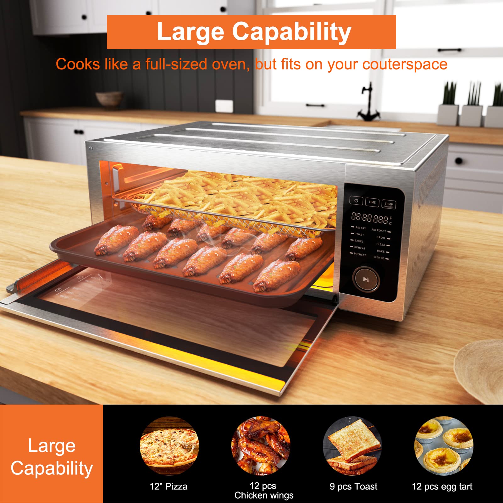 **Fabuletta 10-in-1 Air Fryer Toaster Oven Combo, 1800W Countertop Convection Oven with 100-450°F Temperature Control, Flip-Up Design for Space Saving, Includes Enamel Baking Pan & Recipe Book – Perfect for Baking, Roasting, and Air Frying at Home**