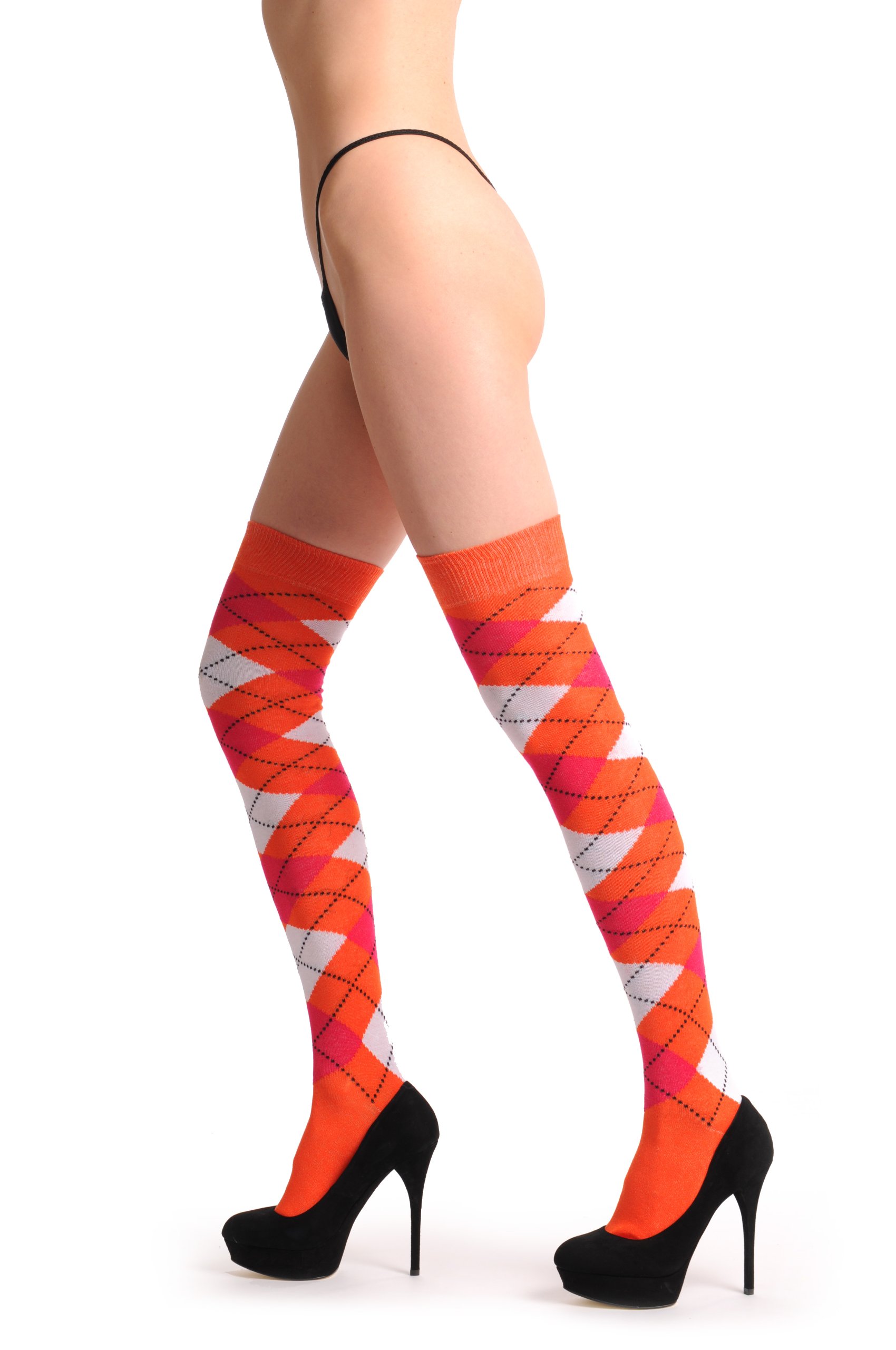 LissKiss Argyle White Orange Red Over The Knee Socks for Women - Trendy Knee High Socks for Winter, Fall Fashion, Outfits & Cosplay