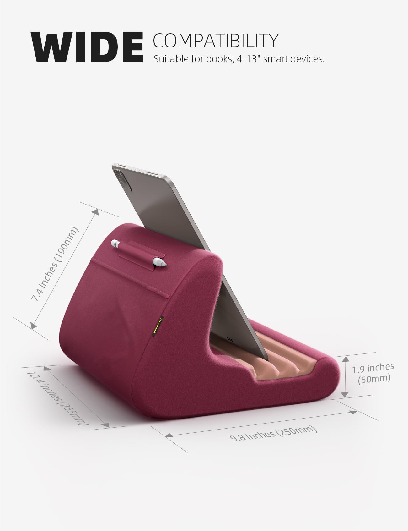 Lamicall Tablet Holder Stand with Soft Pillow Pad - Adjustable Bed & Lap Stand for iPad Pro 12.9/Air/Mini, Kindle, Galaxy Tab (4-13 Inch) - Includes Stylus Mount & Storage Pocket - Dark Red - Perfect for Reading, Watching Movies & Hands-Free Use in Bed/Couch/Travel