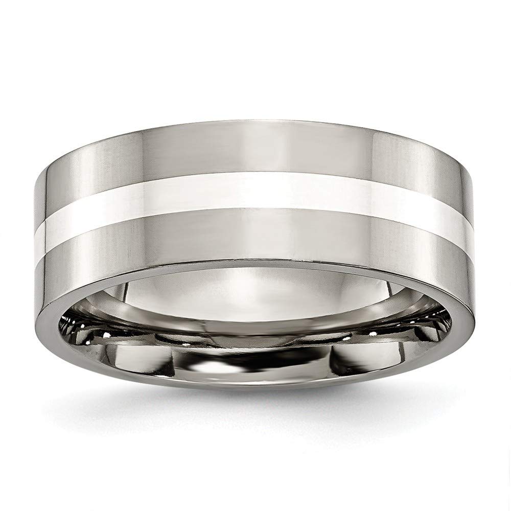 925 Sterling Silver Flat Band Ring for Women - 8mm Polished Titanium Inlay, Engravable Jewelry Gift (Sizes 6-13) - Perfect for Weddings, Anniversaries & Everyday Wear