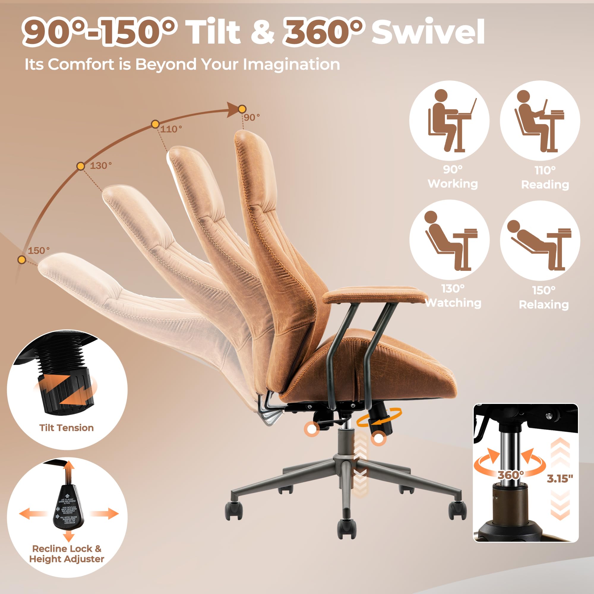 Ovios Mid Century Modern Office Chair with Lumbar Support - Ergonomic High Back Executive Chair with Swivel Wheels, Brown Suede Leather - Perfect for Home Office, Conference Rooms & Workspaces