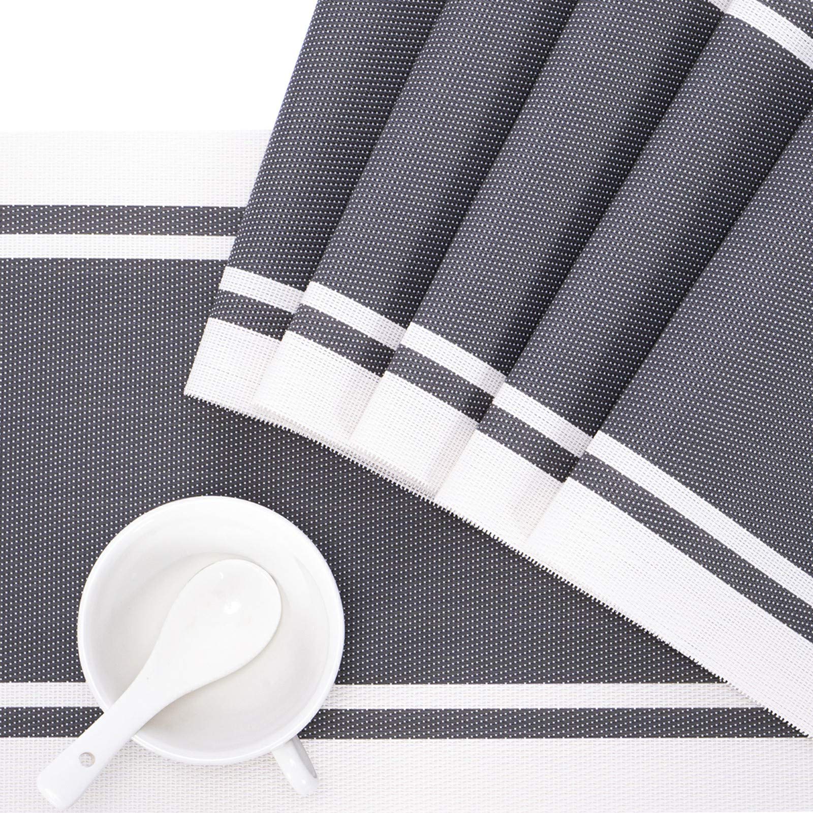Premium 6-Piece Washable Vinyl Placemats Set - Heat Resistant, Easy Clean Table Mats for Kitchen & Dining - Indoor/Outdoor Use (Grey-White) - Perfect for Family Dinners, BBQs, and Everyday Meals