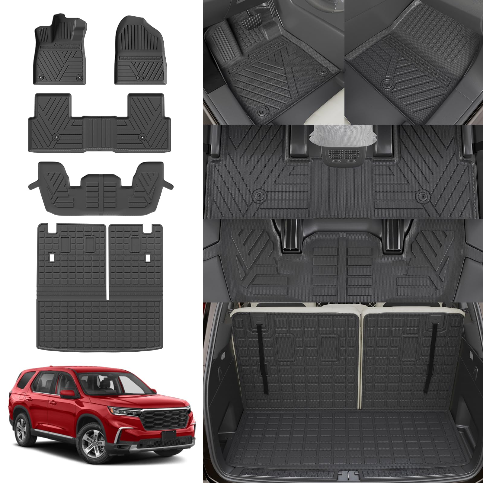 All-Weather TPE Floor Mats & Cargo Liner for 2023-2025 Honda Pilot - Custom Fit Back Seat Cover Protector & Trunk Mat with Backrest - Durable Interior Accessories for SUVs (Perfect for Road Trips, Family Travel & Outdoor Adventures)