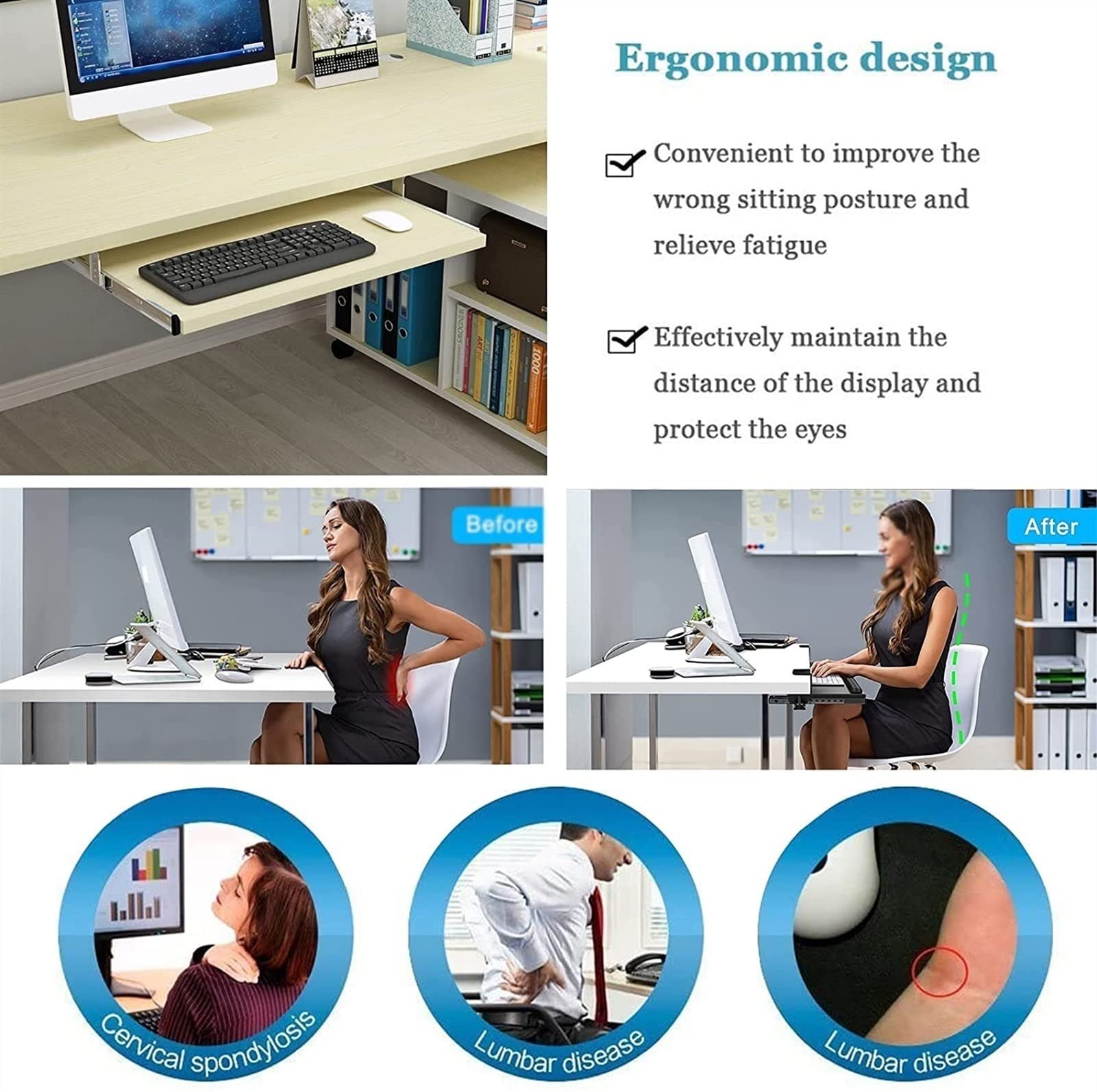 Under Desk Keyboard Tray - 24cm Sliding Drawer with Mouse Storage, Fits 54/60/70x27cm Keyboards - Ergonomic Computer Workspace Solution for Home & Office Desks