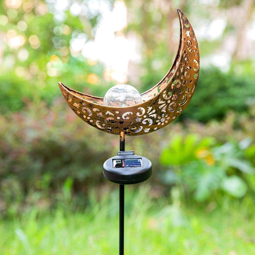 Solar Powered Moon Flame Shaped Garden Lights - Crackle Glass Globe, Waterproof LED Landscape Lighting for Lawn, Pathway, Patio & Courtyard - Outdoor Stake Lights for Romantic Ambiance & Nighttime Decoration