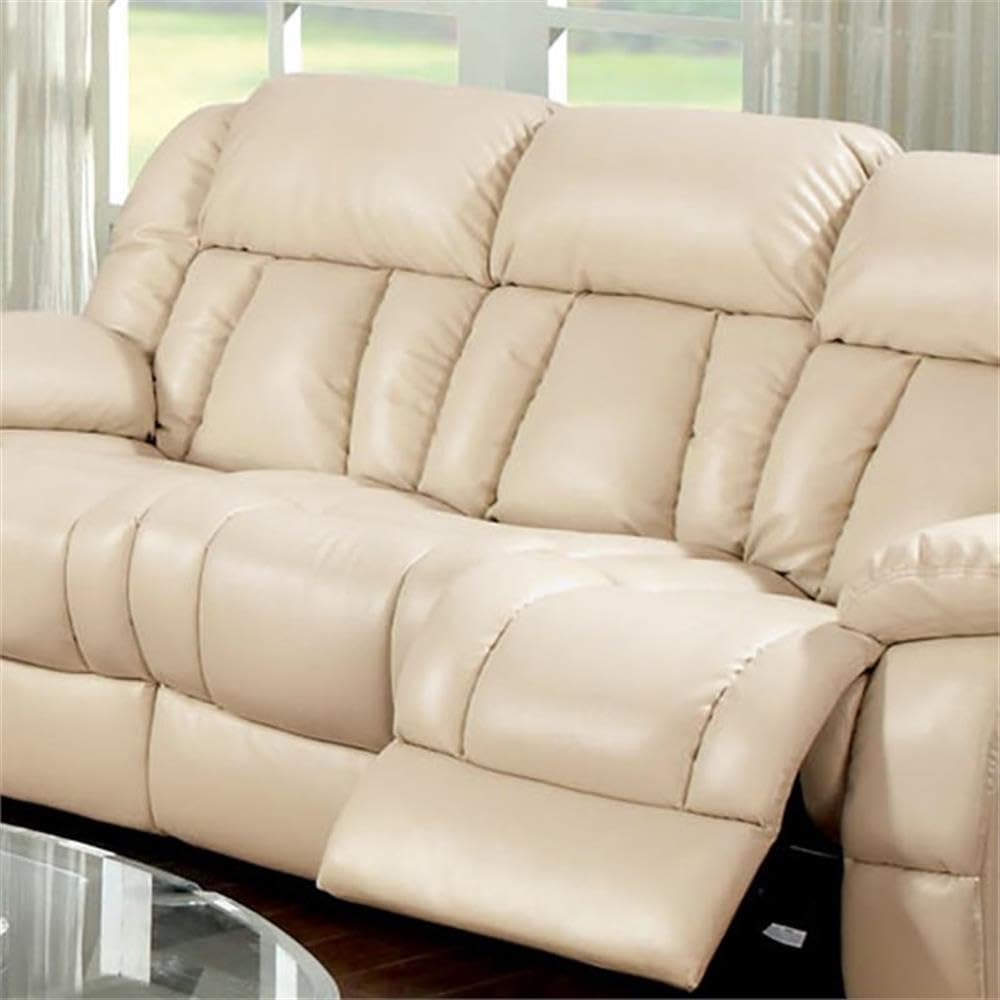 Frey Transitional Faux Leather Reclining Sofa in Ivory - Modern Living Room Furniture for Comfortable Relaxation | Perfect for Home Theater & Family Gatherings