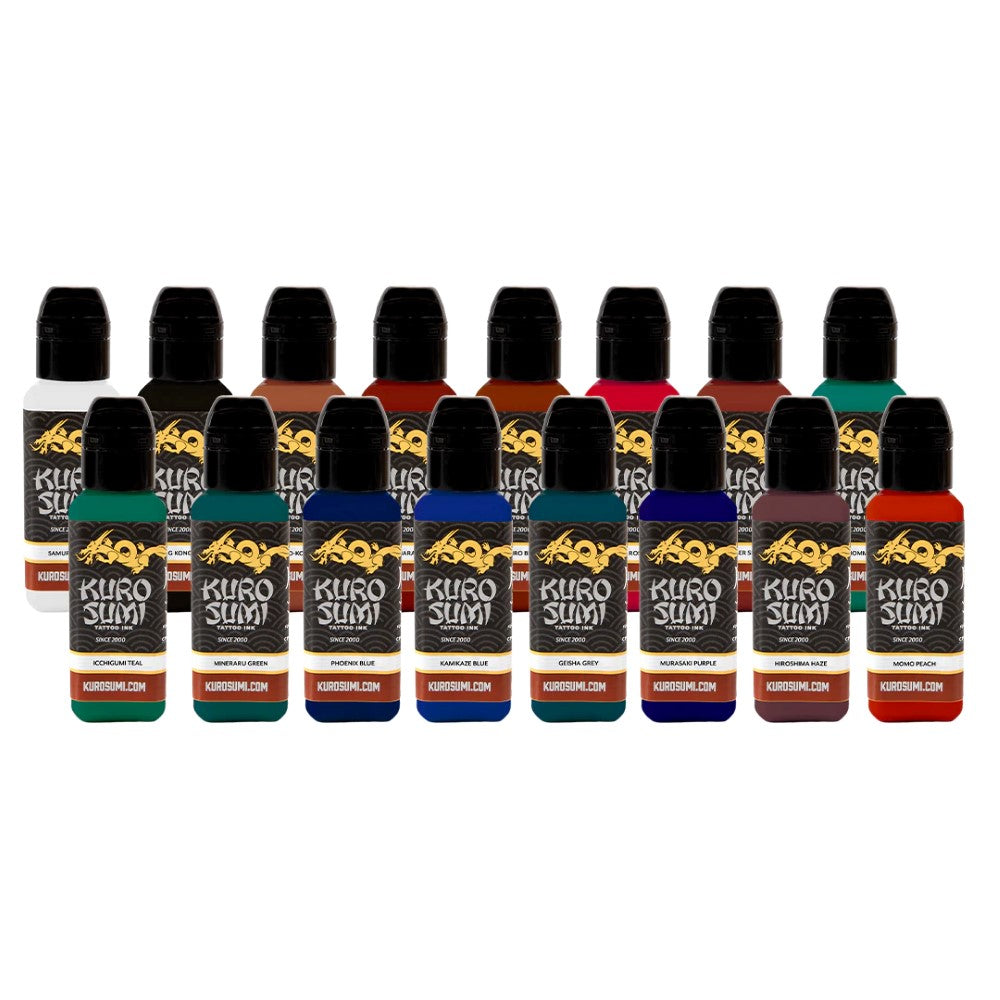Kuro Sumi Tattoo Ink - 16 Color Primary Set #2 - Professional Tattoo Artist Supplies - Choose Your Size for Permanent Makeup & Body Art