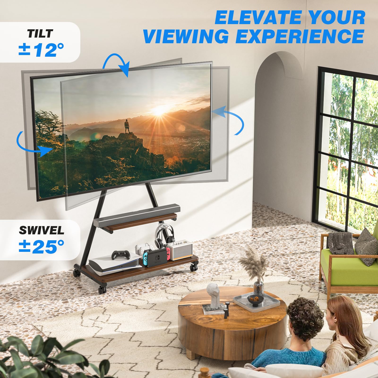 Heavy Duty Rolling TV Stand for 43-80 Inch TVs up to 150lbs - Mobile TV Cart with Wheels, Dual Storage Shelves & Tilt/Swivel Adjustment - Perfect for Living Room, Bedroom, Outdoor & Commercial Use