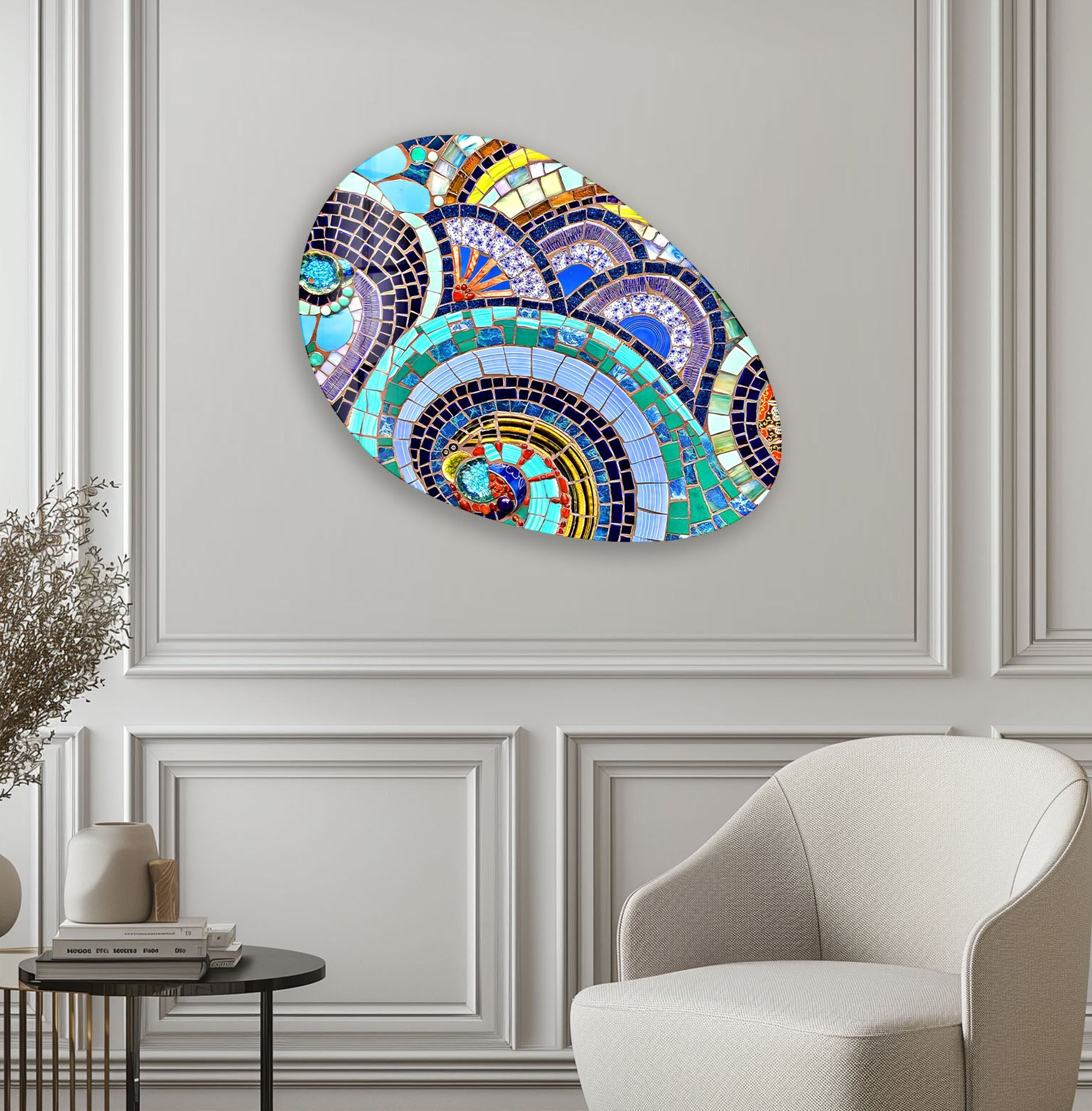 Blue Mosaic Style Oval Glass Wall Art - Handmade Decorative Mirror for Living Room, Bedroom & Bathroom - Perfect for Home Decor, Gifts & Interior Design