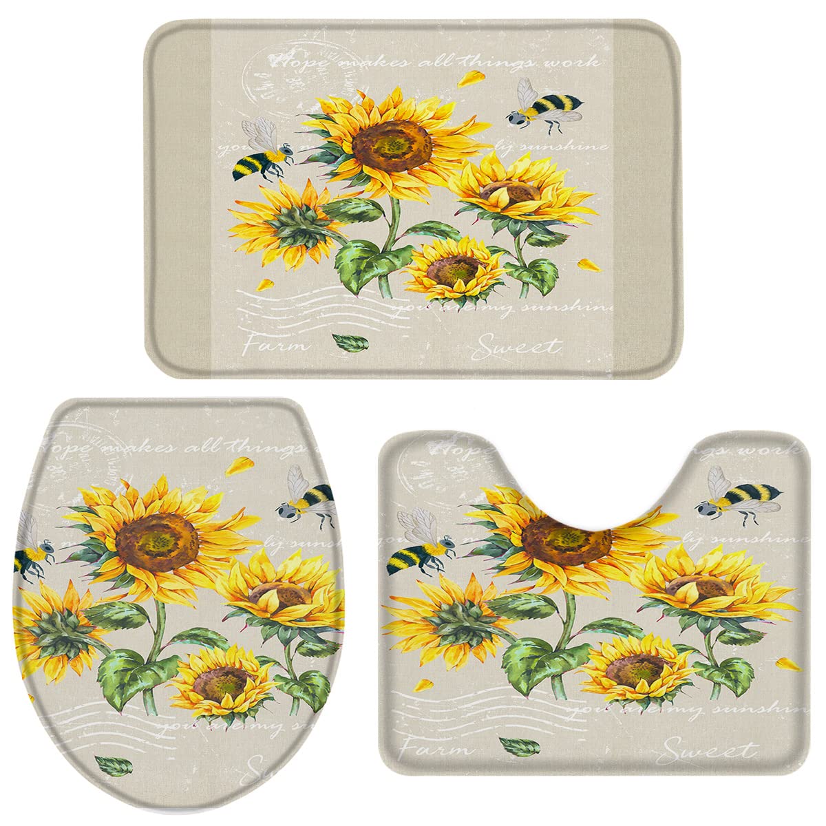 3-Piece Sunflower Bath Rug Set - Non-Slip Farmhouse Style Contour Rug, Pedestal Mat & Toilet Lid Cover - Retro Floral Bee Design for Bathroom Decor (Perfect for Vintage, Cottage & Country Style Homes)