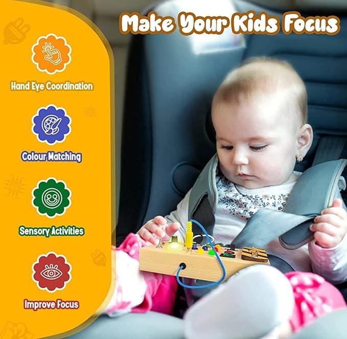 Montessori LED Busy Board for Toddlers 1-3 Years - Sensory Activity Toy with Light Switch for Boys & Girls - Wooden Travel Toy for Road Trips & Airplane - Perfect Christmas & Birthday Gift for Toddlers - Educational Learning Toy for Fine Motor Skills Development