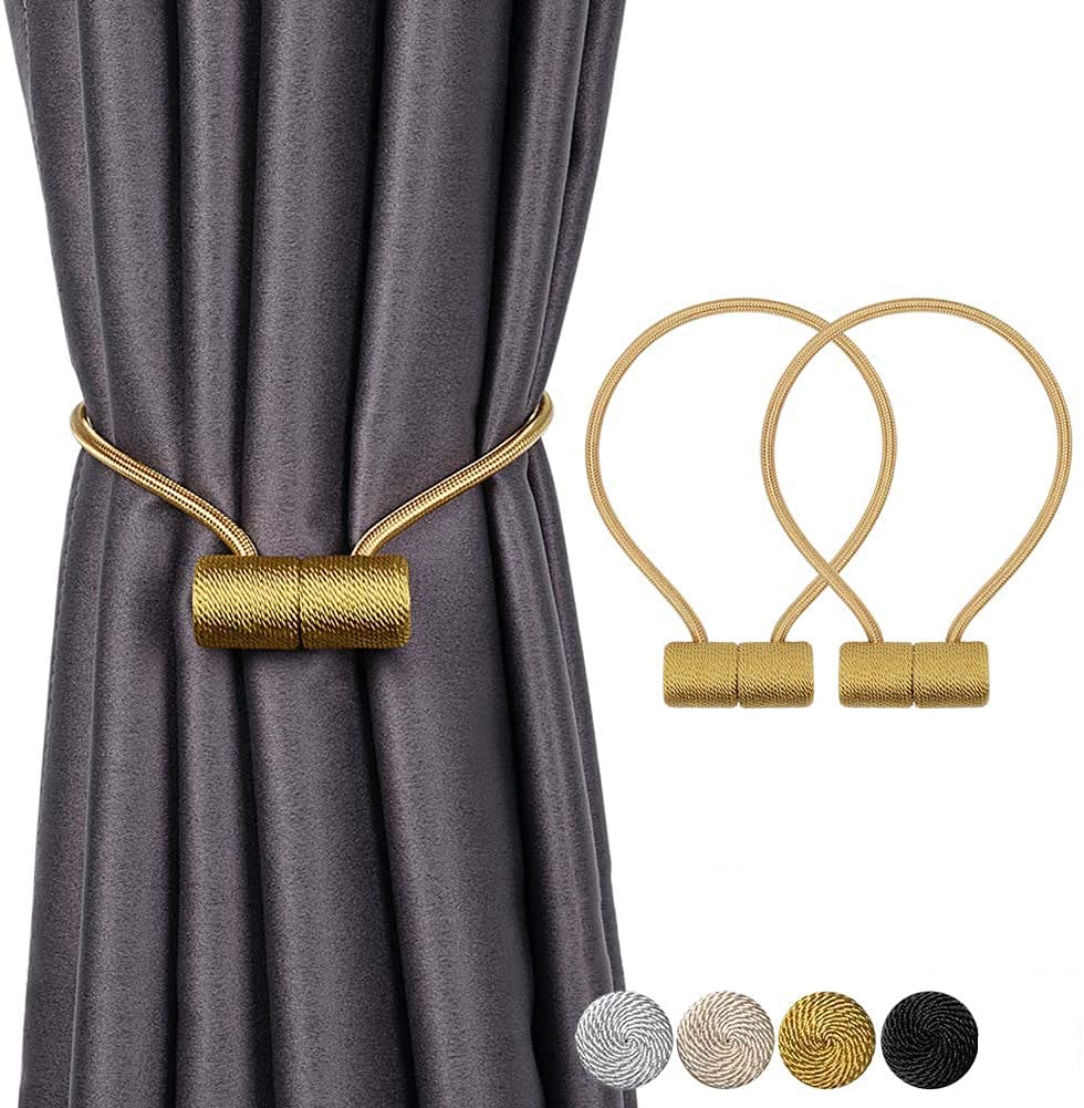 Strong Magnetic Curtain Tiebacks - Gold Decorative Rope Holdbacks for Window Draperies | 2-Pack Heavy Duty Weave Holder | Perfect for Living Room, Bedroom & Office Curtains