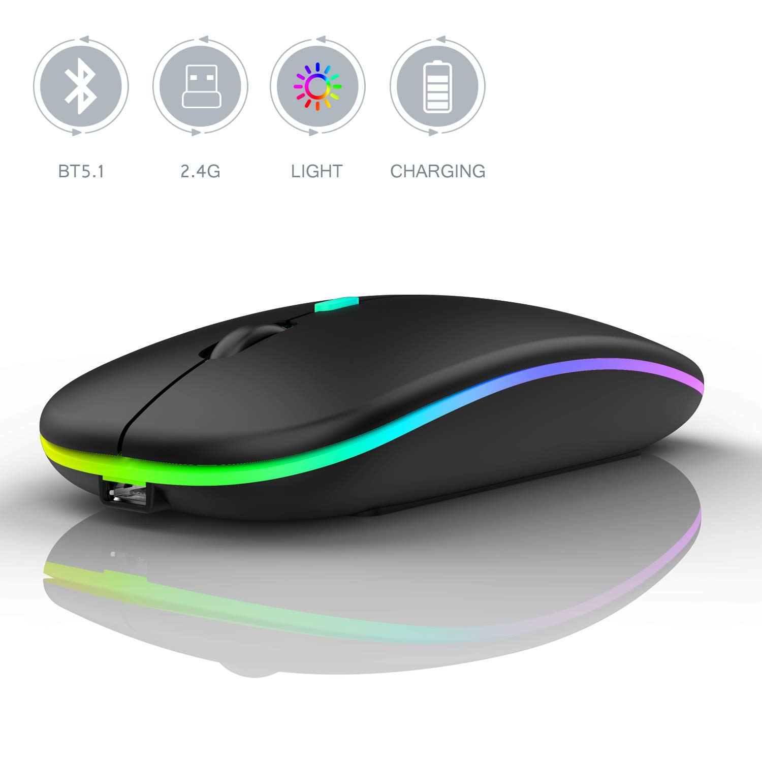 Wireless Bluetooth Mouse for MacBook Pro/Air - Rechargeable, 7-Color LED Backlit, Ergonomic Design (Black) | Perfect for Office Work, Gaming & Travel