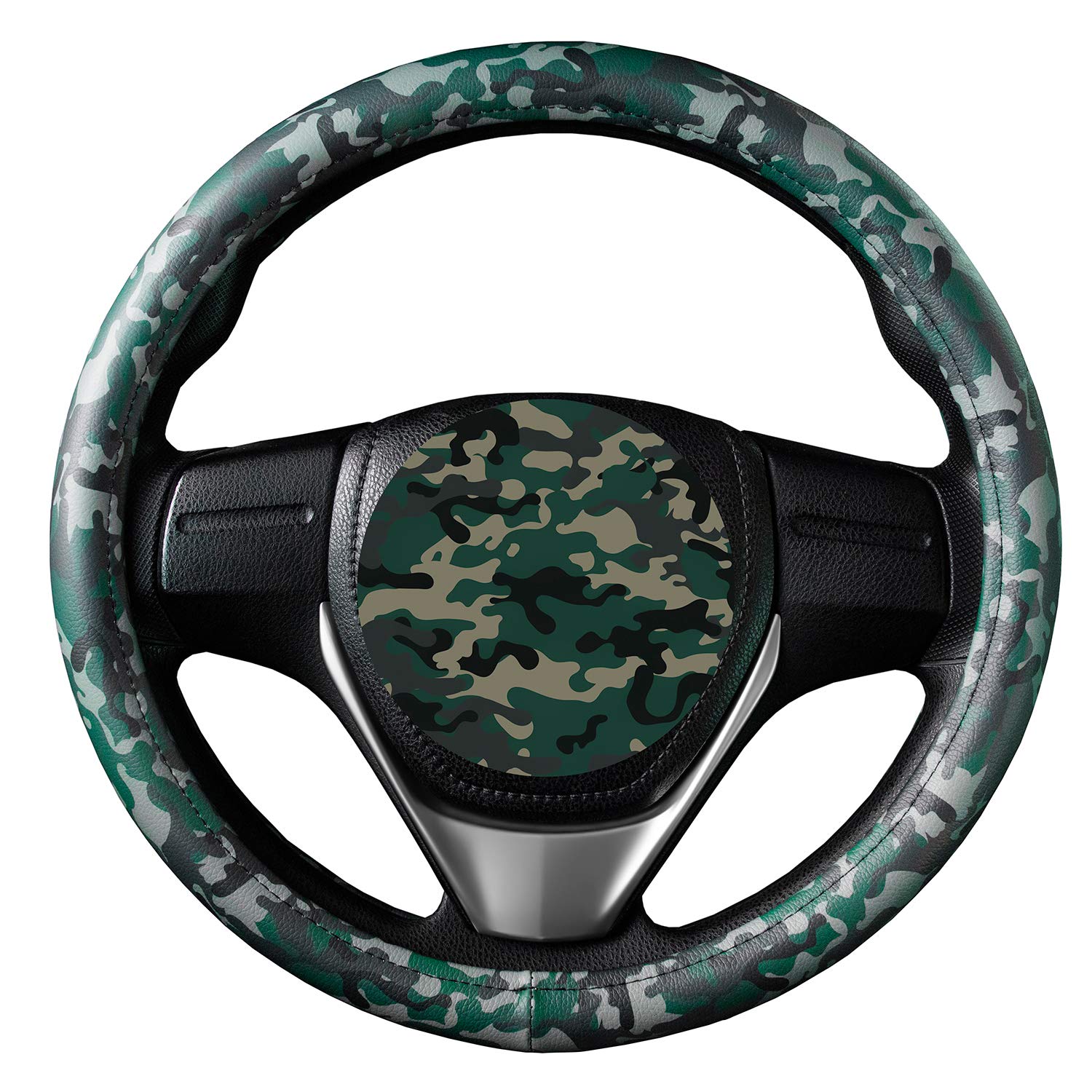 Evankin 15 Inch Green Camo PU Leather Steering Wheel Cover - Universal Fit, Handmade & Non-Slip - Car Accessories for Men & Boys (Great for Off-Roading, Daily Commute & Truck Enthusiasts)