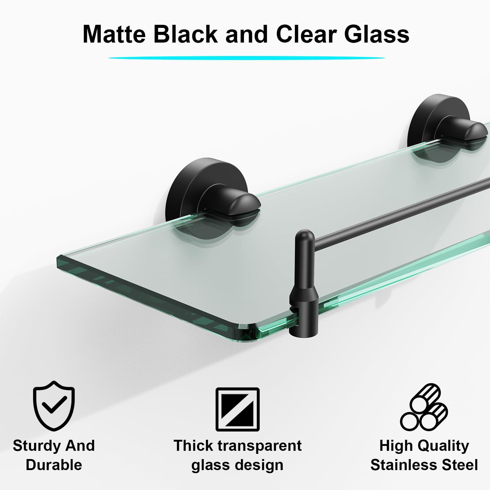 16-Inch Black Floating Glass Bathroom Shelf - Wall Mounted Stainless Steel Tempered Glass Shelves for Modern Bathroom Organization | Perfect for Shower Storage, Toiletries Display & Spa-Style Decor