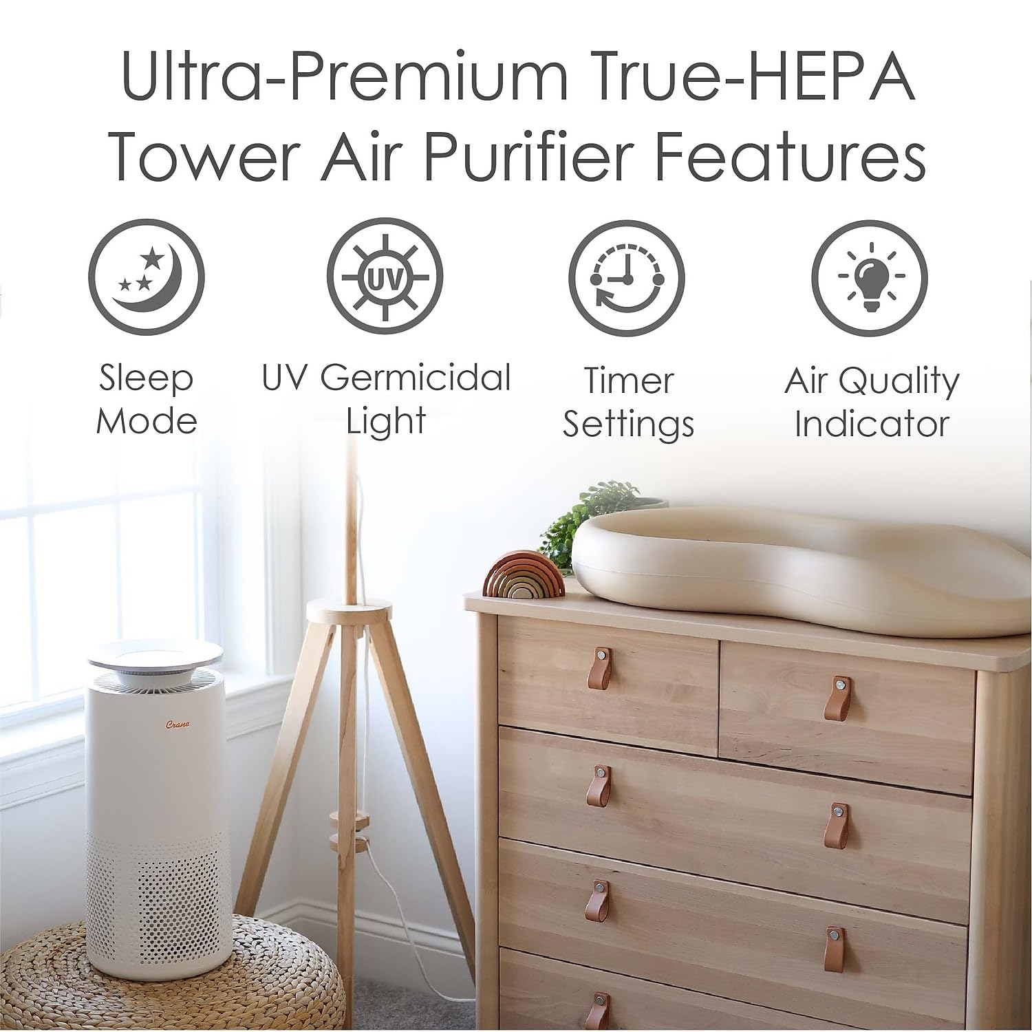 Crane True HEPA Air Purifier for Large Rooms up to 500 Sq Ft with Timer, Sleep Mode & Air Quality Monitor (Model EE-5069) - Perfect for Bedrooms, Offices & Allergy Relief