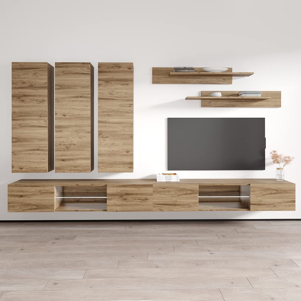 Modern Oak Wall-Mounted TV Stand with Storage Shelves - Fly CD2 33 Entertainment Center Console for Living Room & Bedroom - Space-Saving Media Storage Solution for TVs, Gaming Consoles & Home Decor