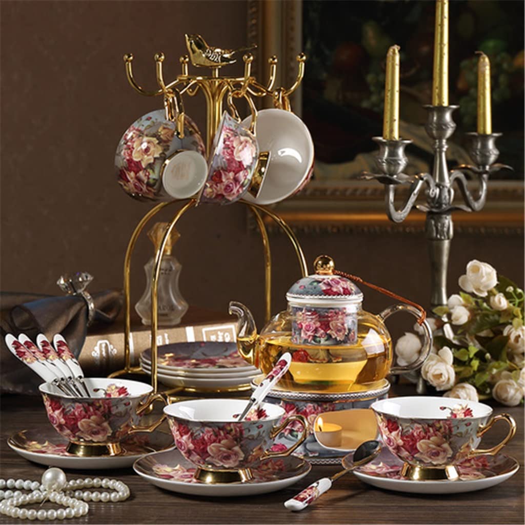 Elegant Floral Tea Cup and Saucer Set with Coffee Cup & Teapot - Perfect for Afternoon Tea, Bridal Shower, and Home Decor (Color: A, Size: As Picture)